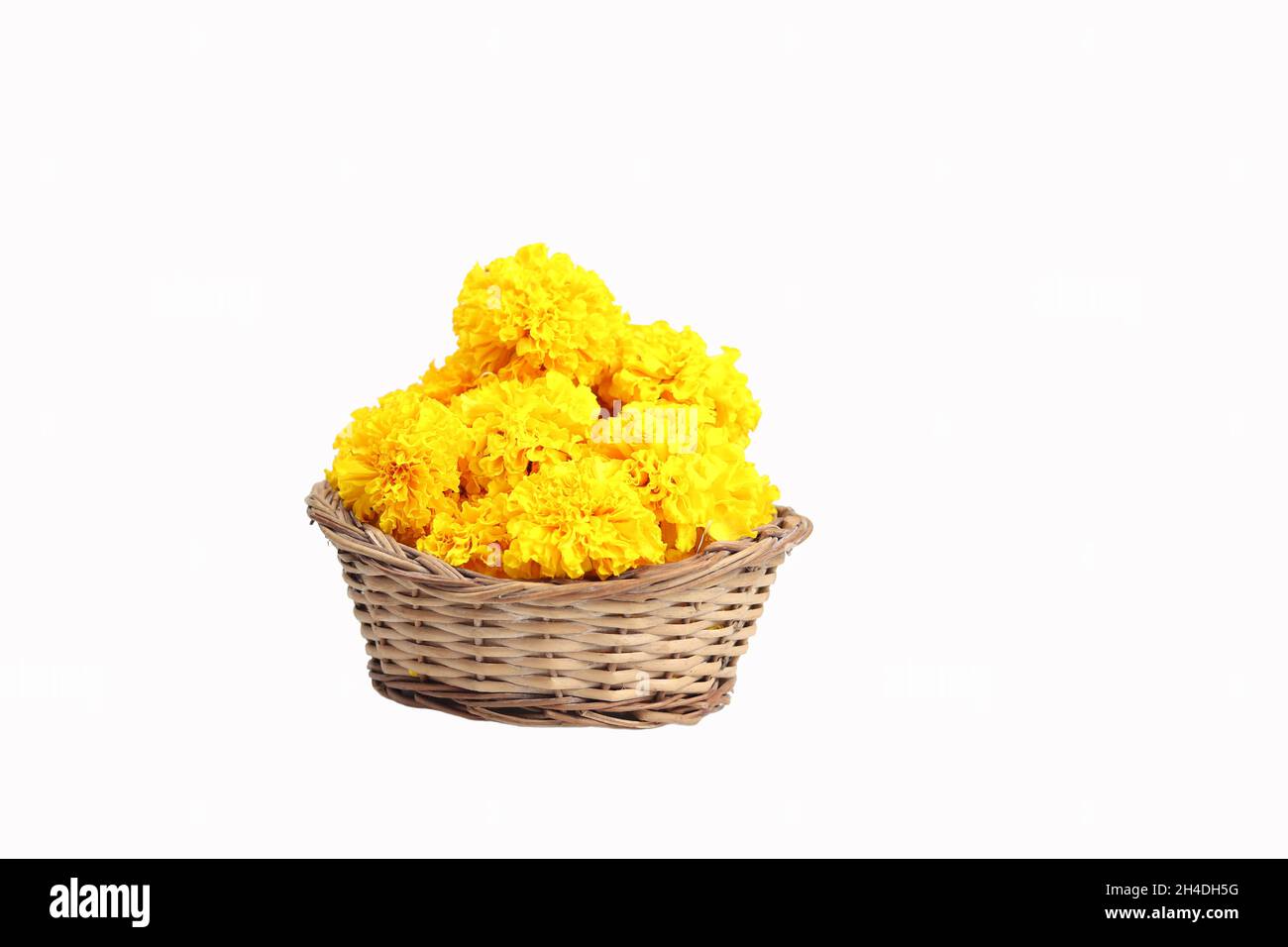 Gelbe Ringelblumen im Bambuskorb genannt Puja Phool Ki Tokri oder Dalia für Dekoration und Darbringung an Hindu-Gott während Festivals viz. Shubh tief Stockfoto Gelbe Ringelblumen im Bambuskorb genannt Puja Phool Ki Tokri oder Dalia für Dekoration und Darbringung an Hindu-Gott während Festivals viz. Shubh tief Stockfoto