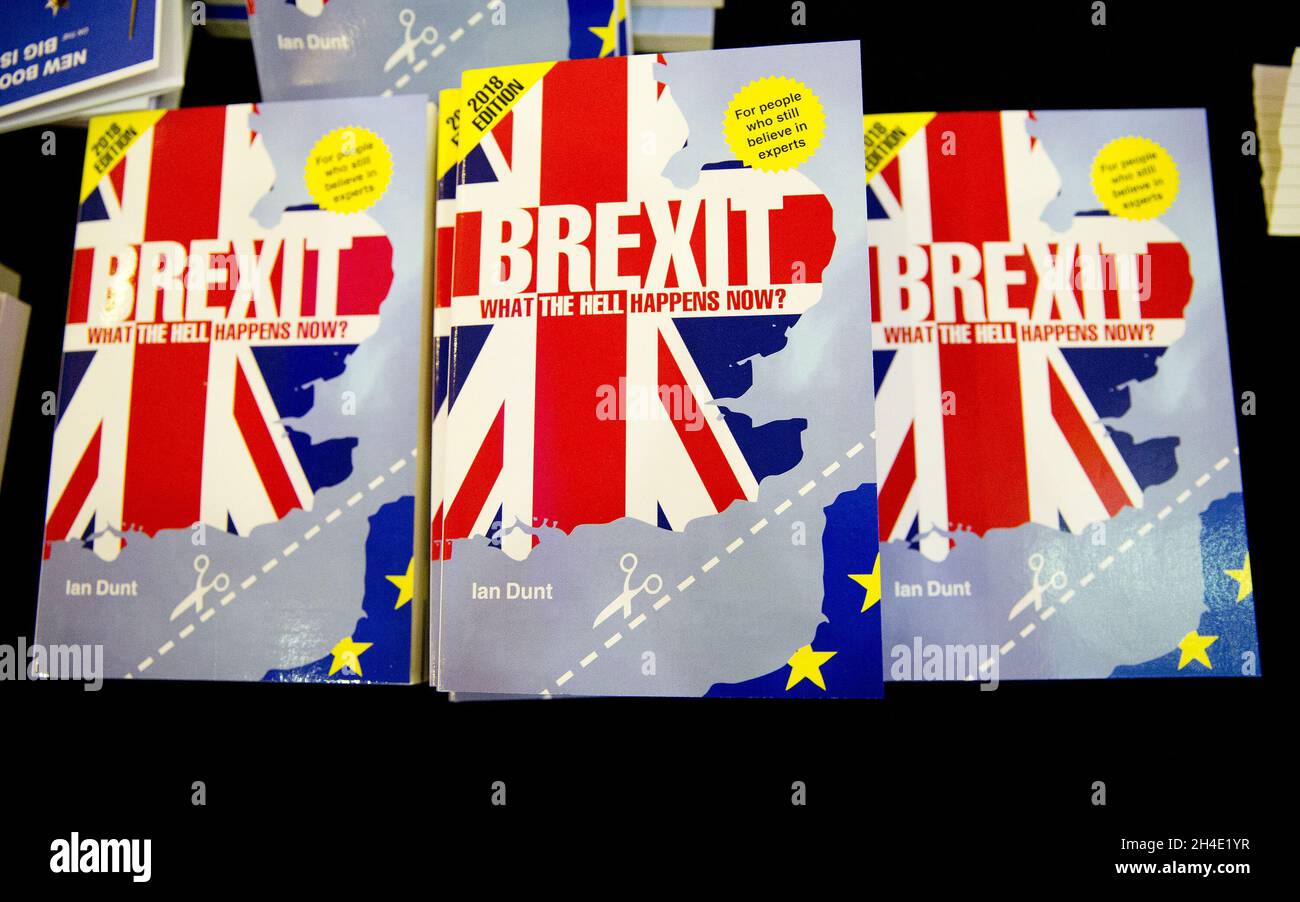 Ein paar Exemplare von 'Brexit: What the Hell Happens Now?', einem Buch von Ian Dunt, werden während des Politics Festival im Kings Place, London, einem Wochenende mit pro-politischen Gesprächen, Debatten, Diskussionen und politikbezogener Unterhaltung, zum Verkauf angeboten. Bild datiert: Freitag, 22. Juni 2018 Stockfoto