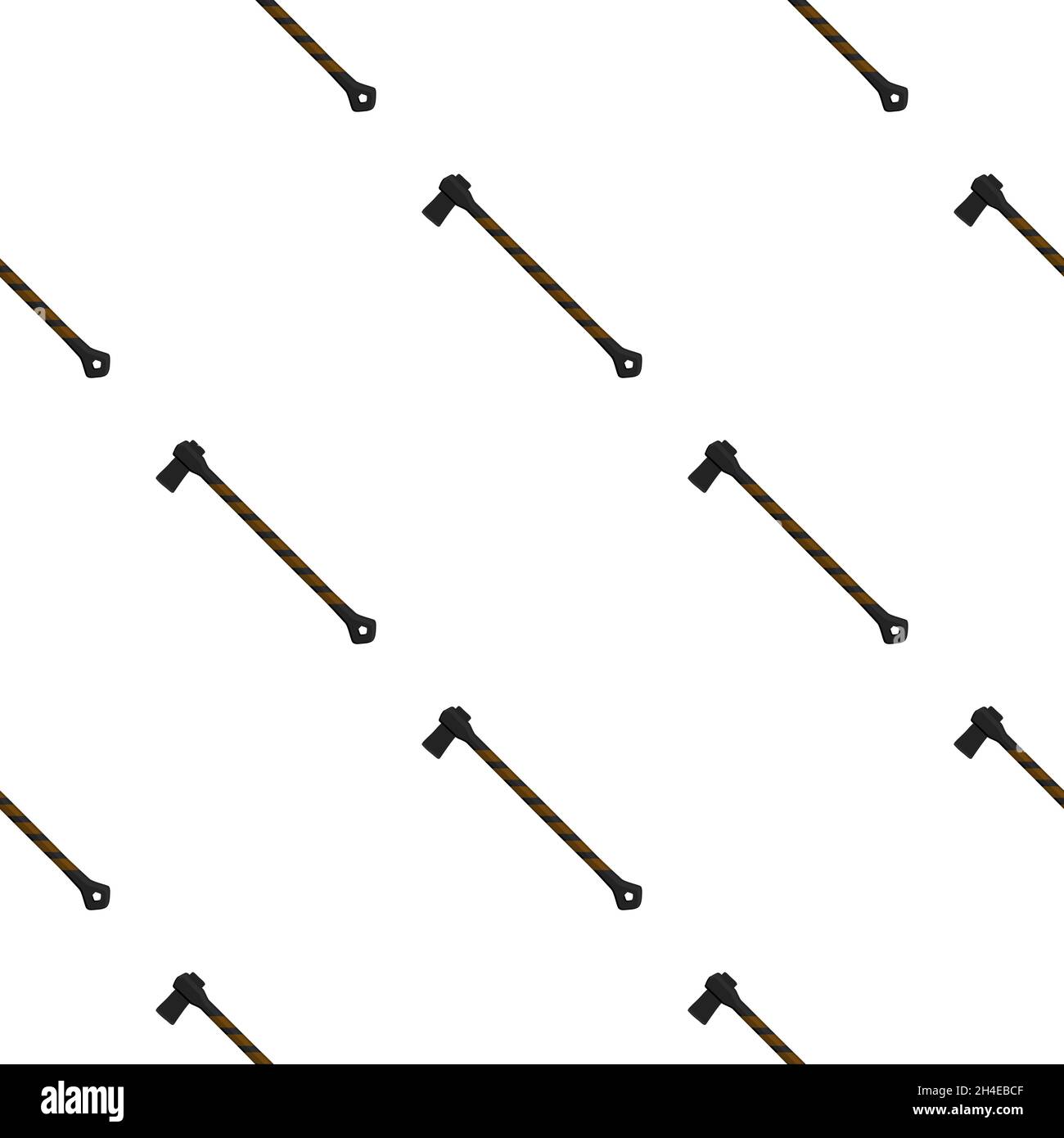 Illustration auf Themenmuster Stahlachsen mit Holzgriff, Metallaxt für die Jagd. Große Kit-Axt, bestehend aus vielen identischen Achsen auf weißem Hintergrund. F Stock Vektor