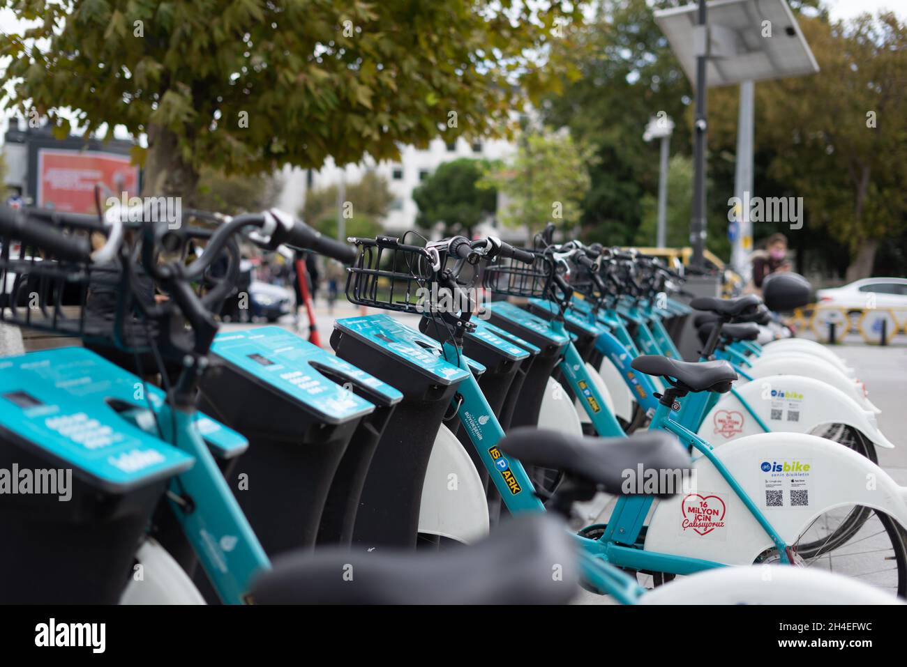 Bezahlte grüne Fahrräder stehen nebeneinander Stockfoto