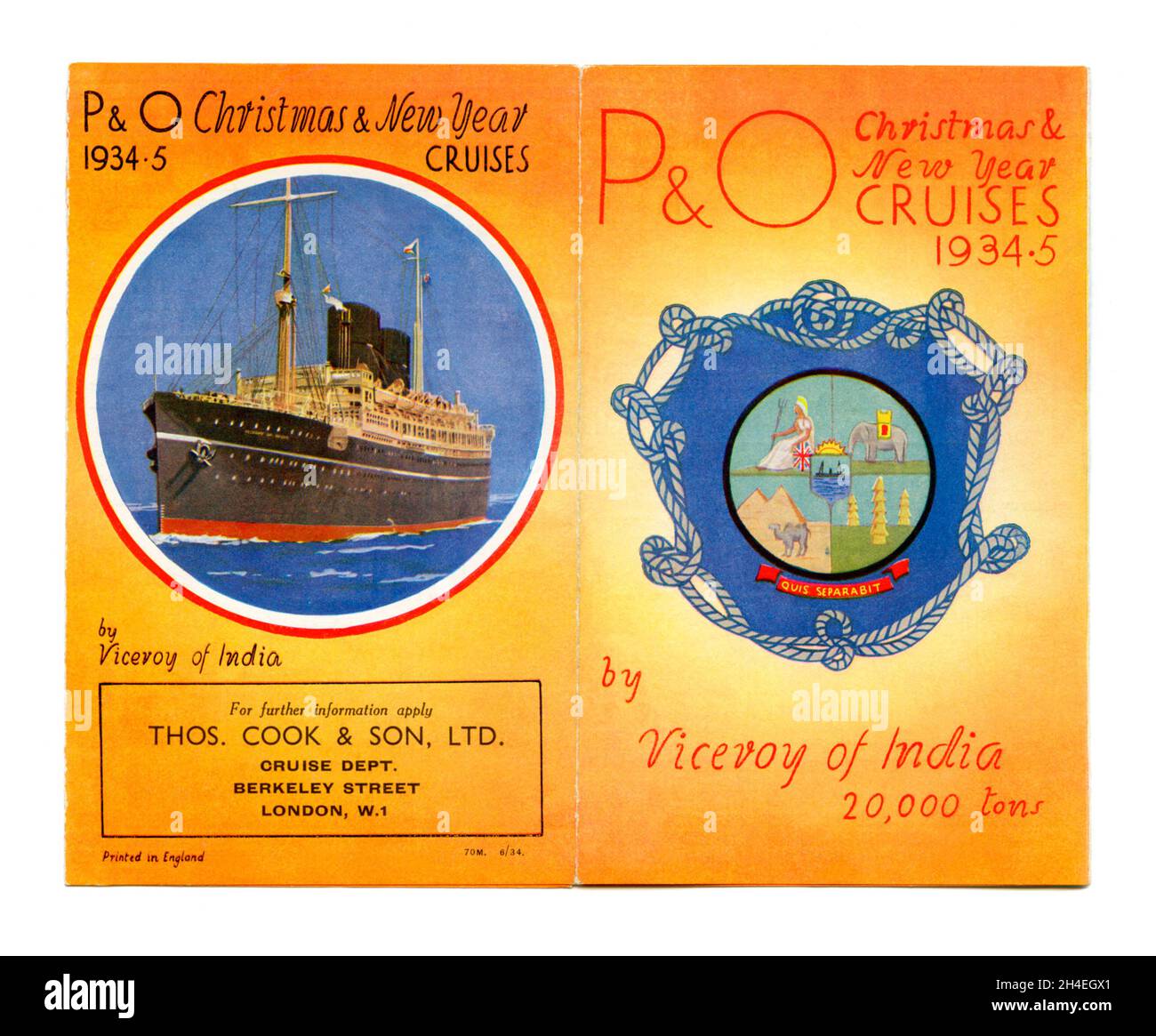 Ein Vorder- und Rückumschlag eines Werbeblatts von Thomas Cook für P&O Christmas und New Year Cruises an Bord des Vizekönigs von Indien im Jahr 1934. Der Ozeandampfer der Peninsular and Oriental Steam Navigation Company (P&O) war ein britisches Royal Mail Ship auf der Strecke Tilbury–Bombay. Die Unterkunft an Bord galt nach den Standards der Ära als luxuriös und beinhaltete ein Hallenbad – eine alte Grafik aus den 1930er Jahren. Stockfoto