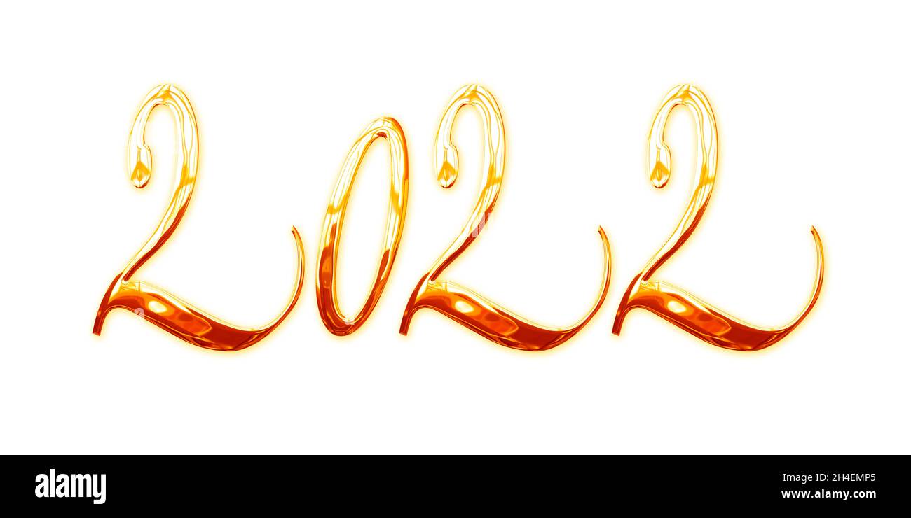 2022, Neujahrs Grüße, elegante glänzende 3D goldene Metall Buchstaben isoliert auf weißem Hintergrund Stockfoto