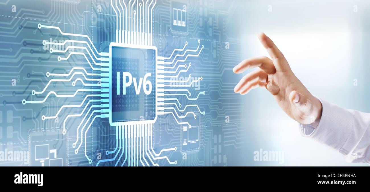 IPv6-Netzwerkprotokoll Standard-Internet-Kommunikationskonzept auf virtuellem Bildschirm. Stockfoto