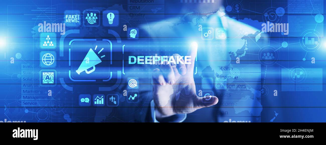 Deep Fake News Künstliche Intelligenz in Medientechnik Konzept auf virtuellem Bildschirm. Stockfoto