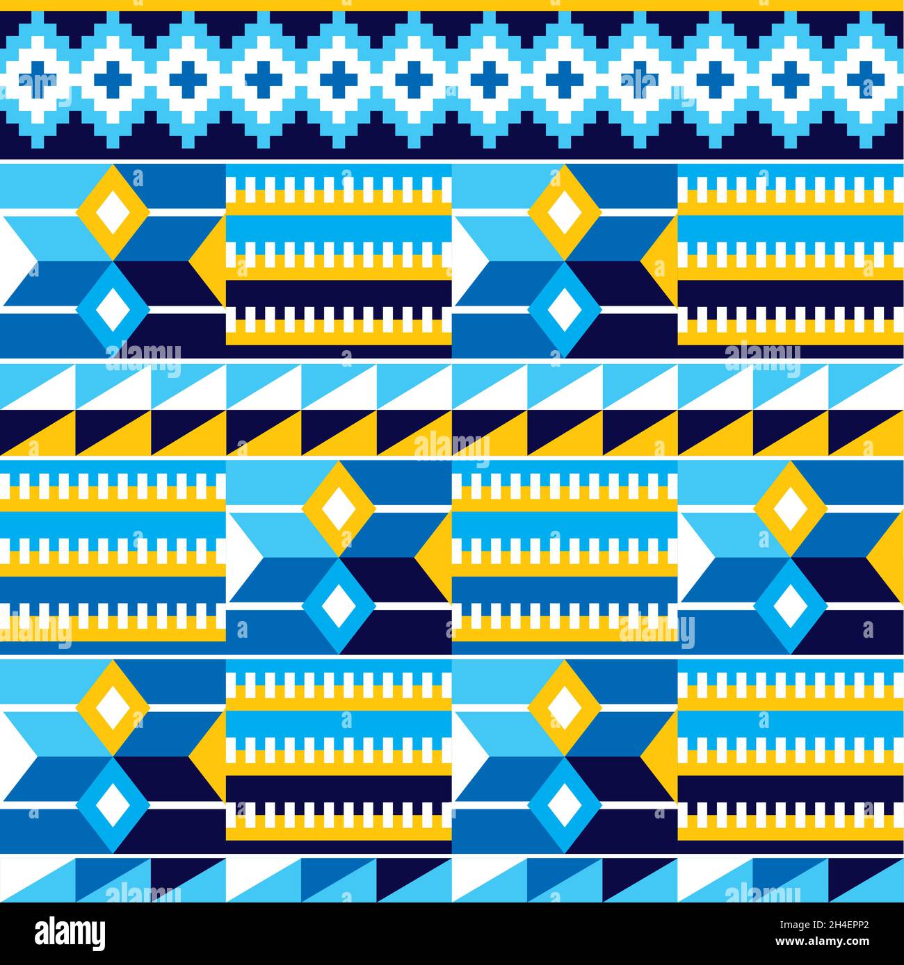 Tribal african nahtlose Vektor-Muster mit geometrischen Formen, Kente Nwentoma Stil inspiriert Vektor-Design in blau und gelb Stock Vektor