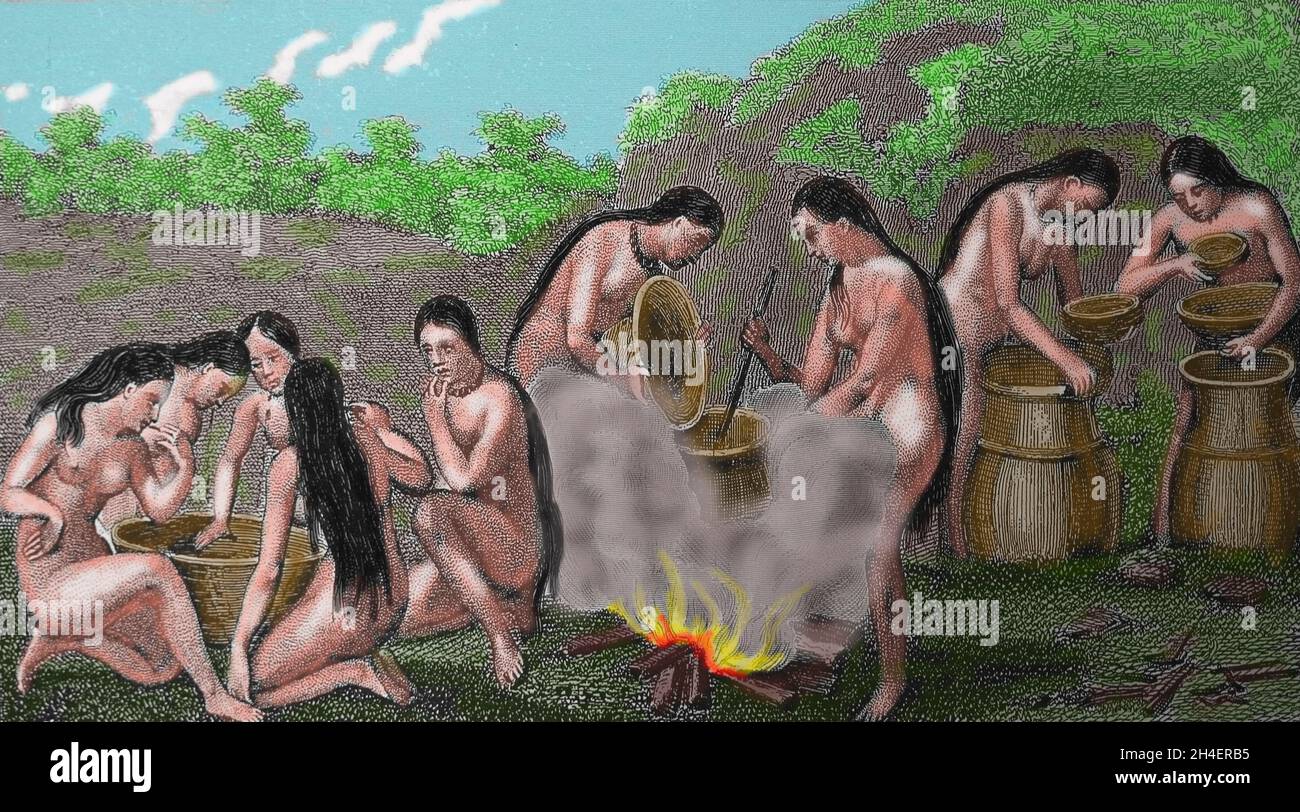 Südamerika. Kannibalen, die ein Getränk zubereiten. Gravur, 19. Jahrhundert. Stockfoto