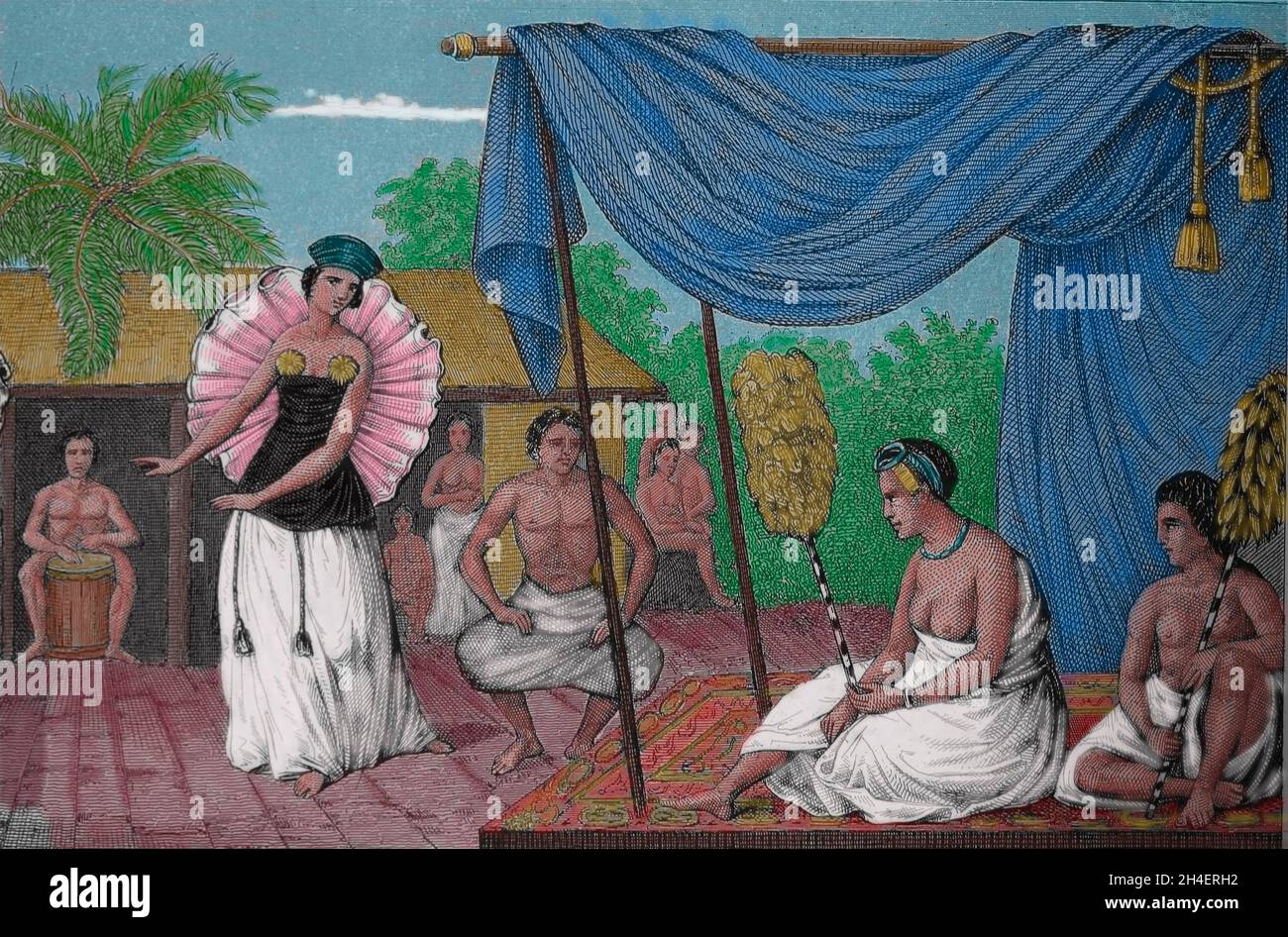 Gesellschaftsinseln. Tahiti. Tanzendes Mädchen. Gravur, 19. Jahrhundert. Stockfoto