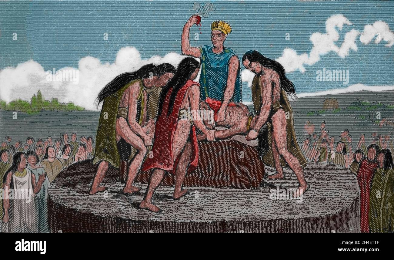 präkolumbianische Ära. Menschenopfer der alten Mexikaner. Gravur, 19. Jahrhundert. Stockfoto