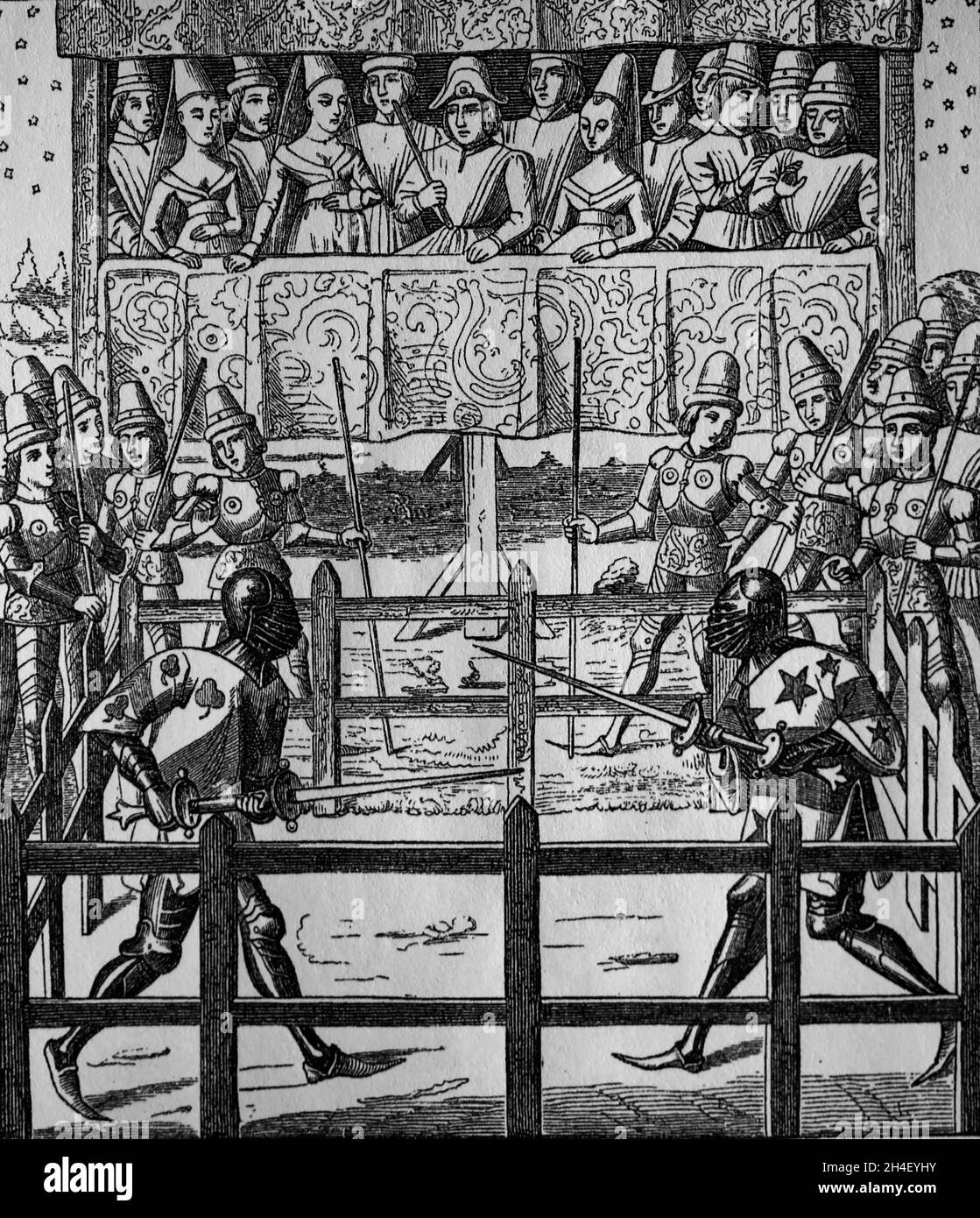 Wie beide Parteien aus ihren Zelten sind, bewaffnet und bereit, ihre Pflicht zu erfüllen, auf das Signal des Marschalls, der den Handschuh geworfen hat. 15. Jahrhundert Stockfoto