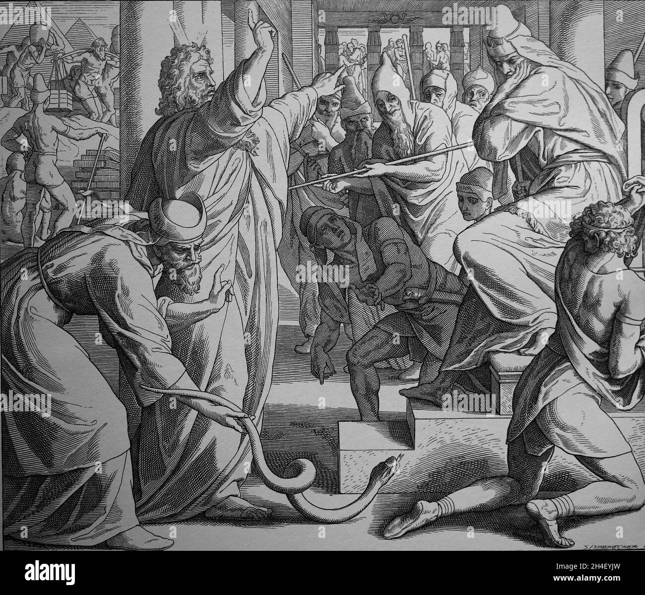 Bibel. Exodus. Moses fordert die Freilassung der Israeliten. Gravur, 19. Jahrhundert. Stockfoto