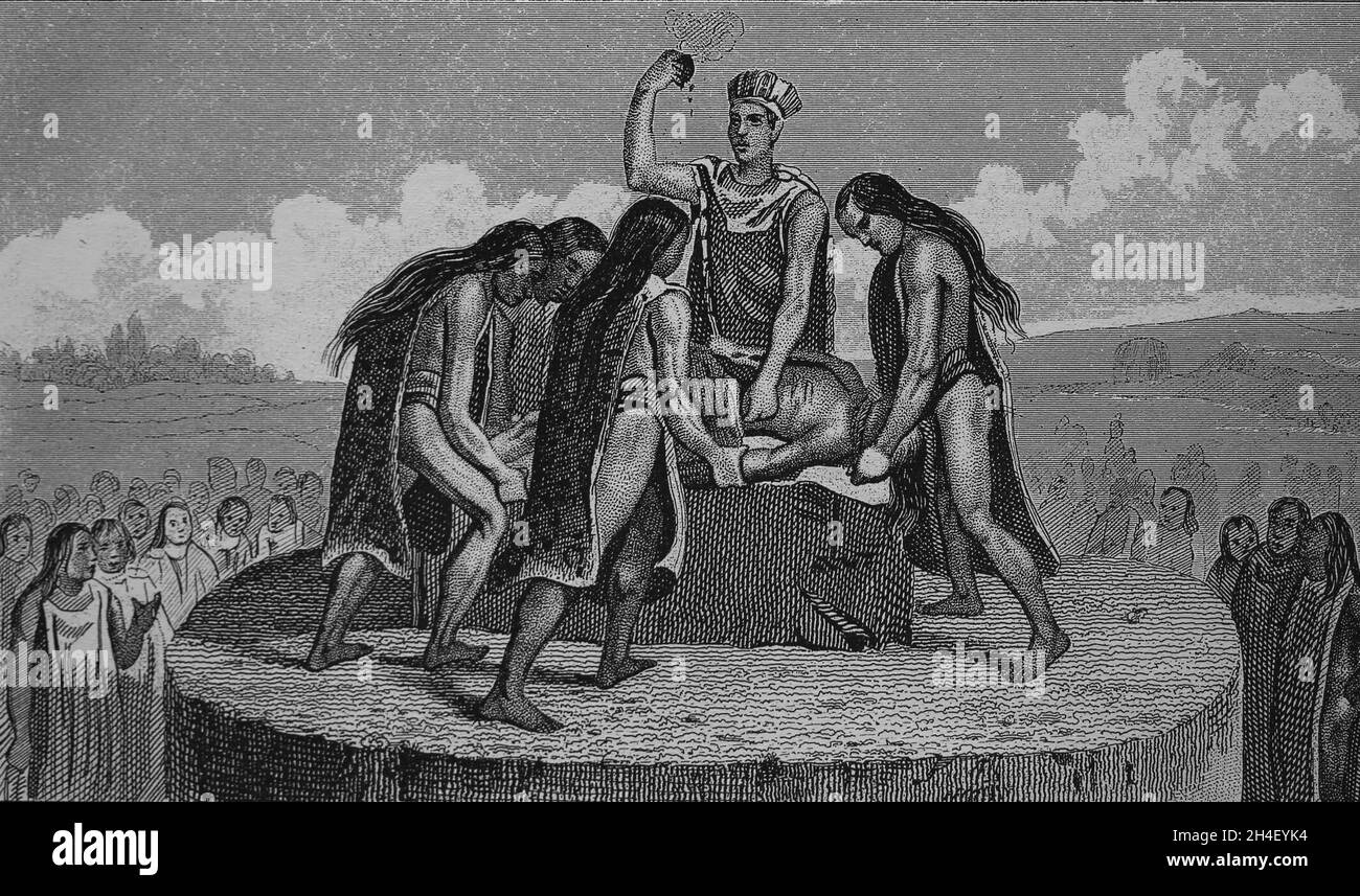 präkolumbianische Ära. Menschenopfer der alten Mexikaner. Gravur, 19. Jahrhundert. Stockfoto