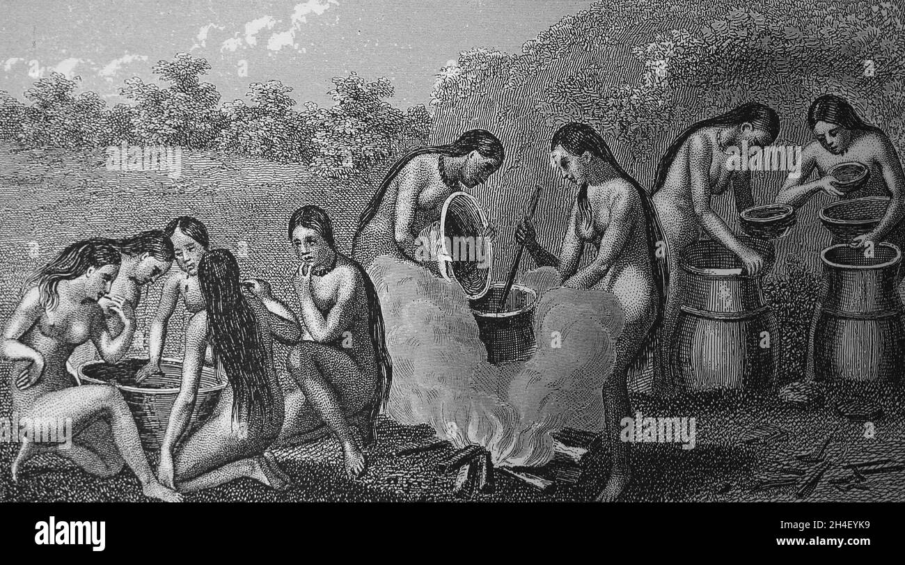 Südamerika. Kannibalen, die ein Getränk zubereiten. Gravur, 19. Jahrhundert. Stockfoto