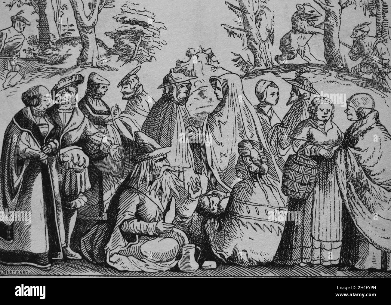 Romani-Wahrsagerei. Gravur von Cosmographia universalis von Sebastian Münster. 16. Jahrhundert. Stockfoto