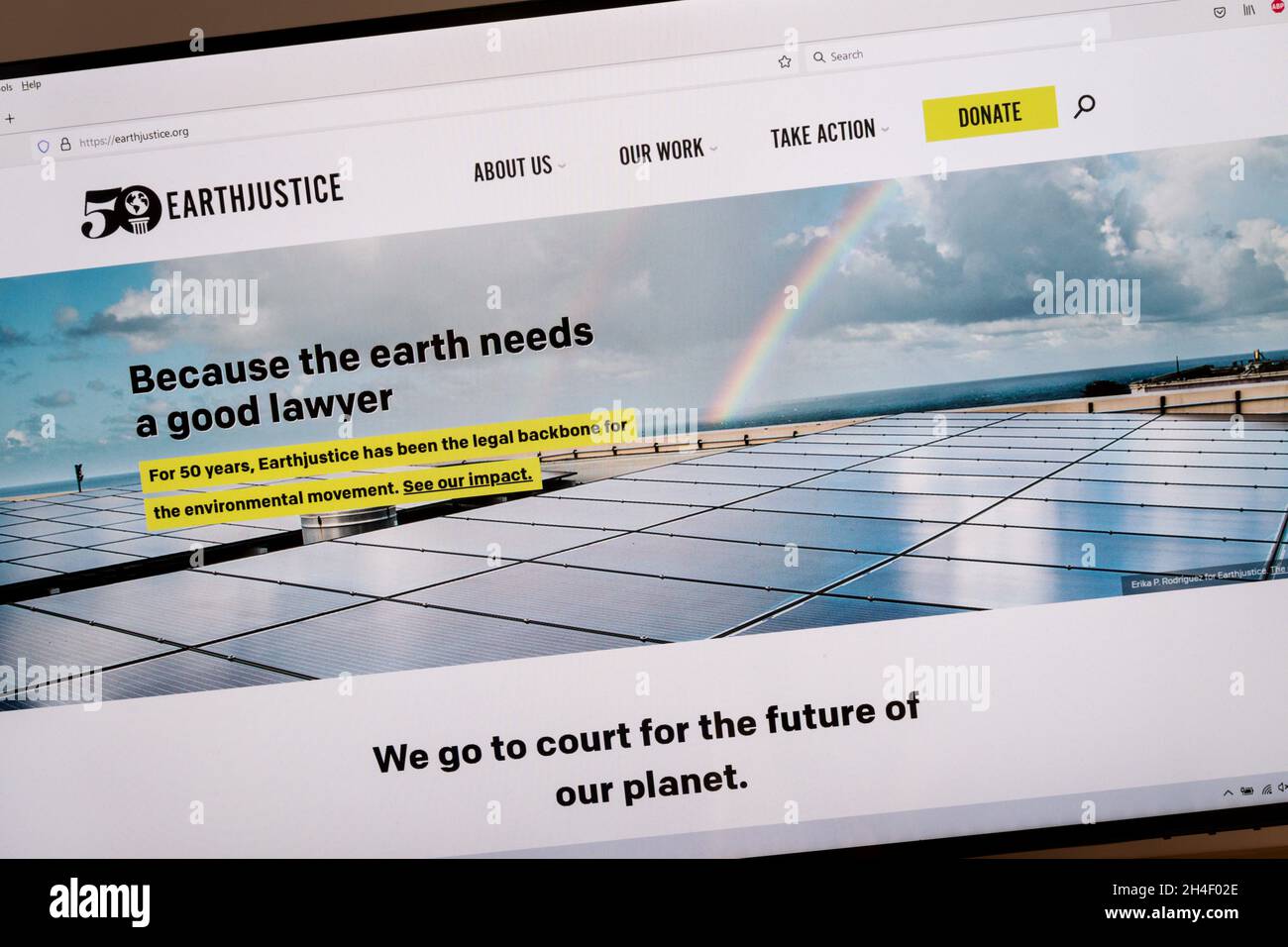 Homepage der Earthjustice Umweltkampagnengruppe. Stockfoto