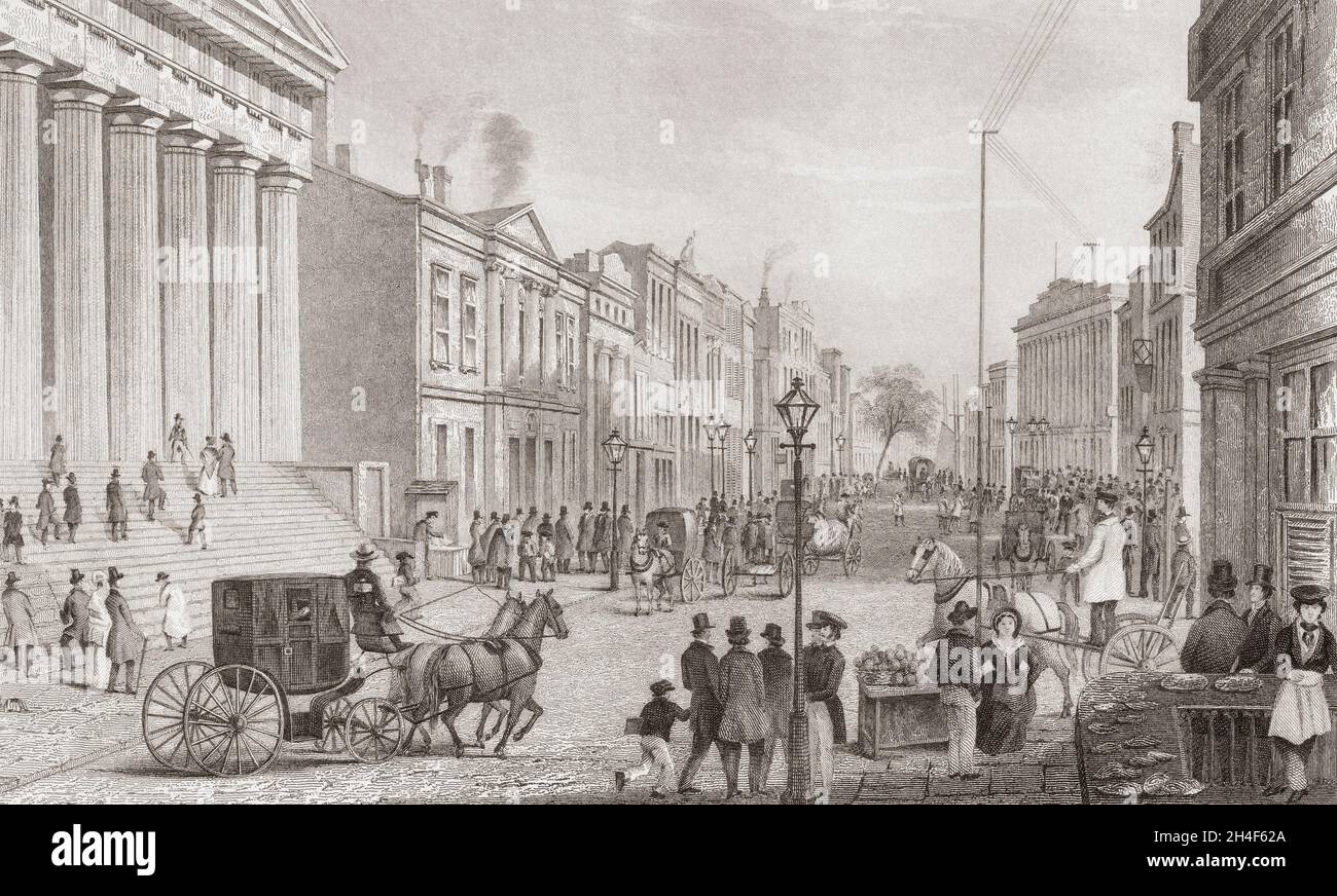 Wall Street, New York City, Vereinigte Staaten von Amerika im 19. Jahrhundert. Von der Ecke Broad Street aus gesehen. Nach einem unanbietenden Stich aus dem 19. Jahrhundert. Stockfoto
