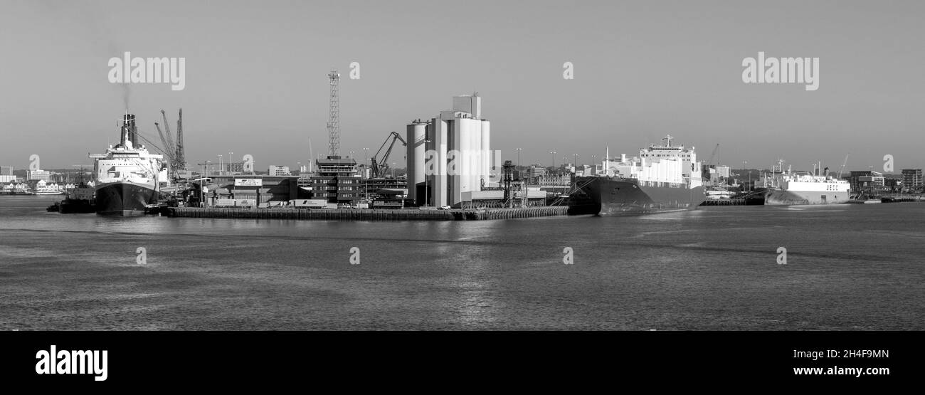 Panoramablick auf den Hafen von Southampton einschließlich Cunard Liner QE2, Southampton Water, Southampton, Hampshire, England, VEREINIGTES KÖNIGREICH Stockfoto