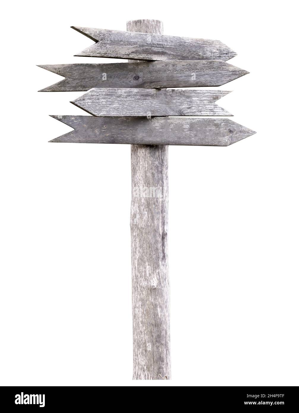 Zeiger auf Holzpfeile. Vier Zeiger aus altem Holz. Schneideweg. Stockfoto