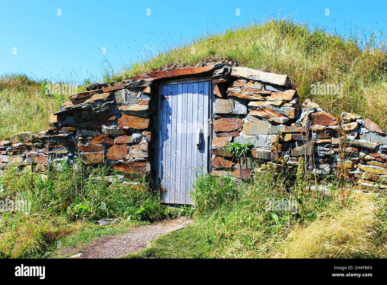 Alter Steinwurzelkeller mit Holztür, Elliston, Neufundland. Stockfoto