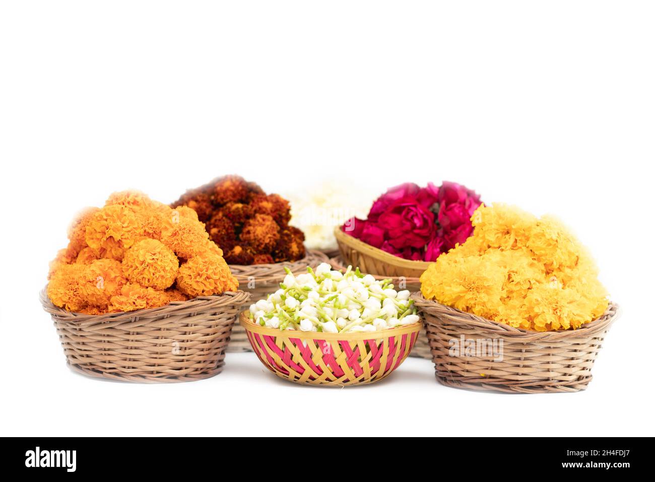 Jasminknospen im Bambuskorb genannt Beli Phool Ki Puja Tokri oder Dalia für Dekoration und Darbringung an Hindu-Gott während Festivals, nämlich Shubh Deepawali, Stockfoto