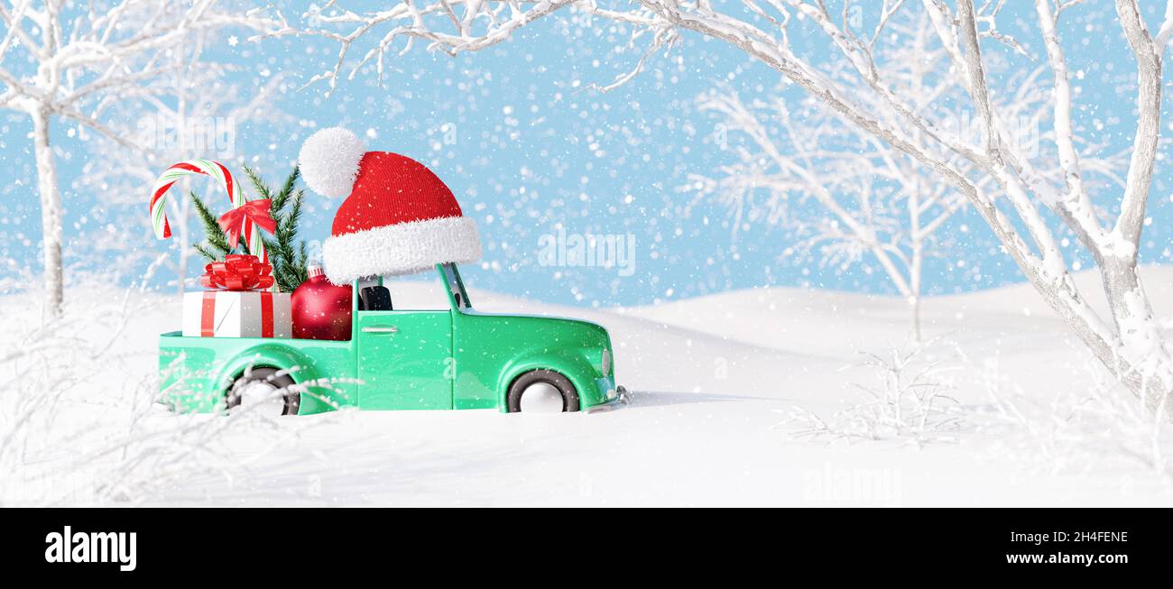 Cute grünes Auto mit Weihnachtsmann Hut tragen Geschenk und Weihnachtsdekorationen in Snowy Landscape. Winter Holidays Hintergrund 3d Rendern 3d-Illustration Stockfoto