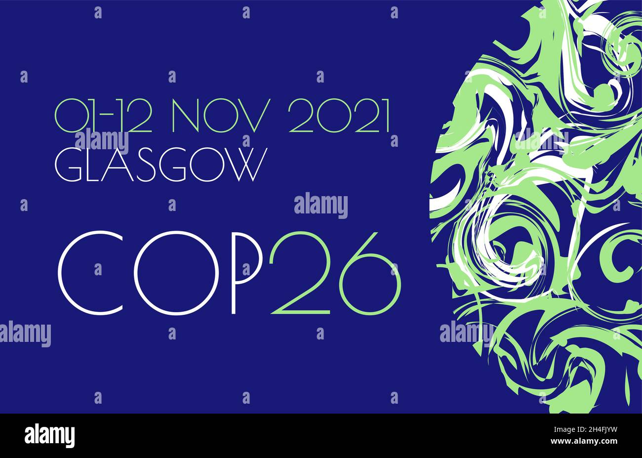COP 26 Glasgow 2021 Banner Vektorgrafik. Poster, Flyer, Klimakonferenz, die von der berühmten Organisation der Vereinten Nationen veranstaltet wird. E Stock Vektor