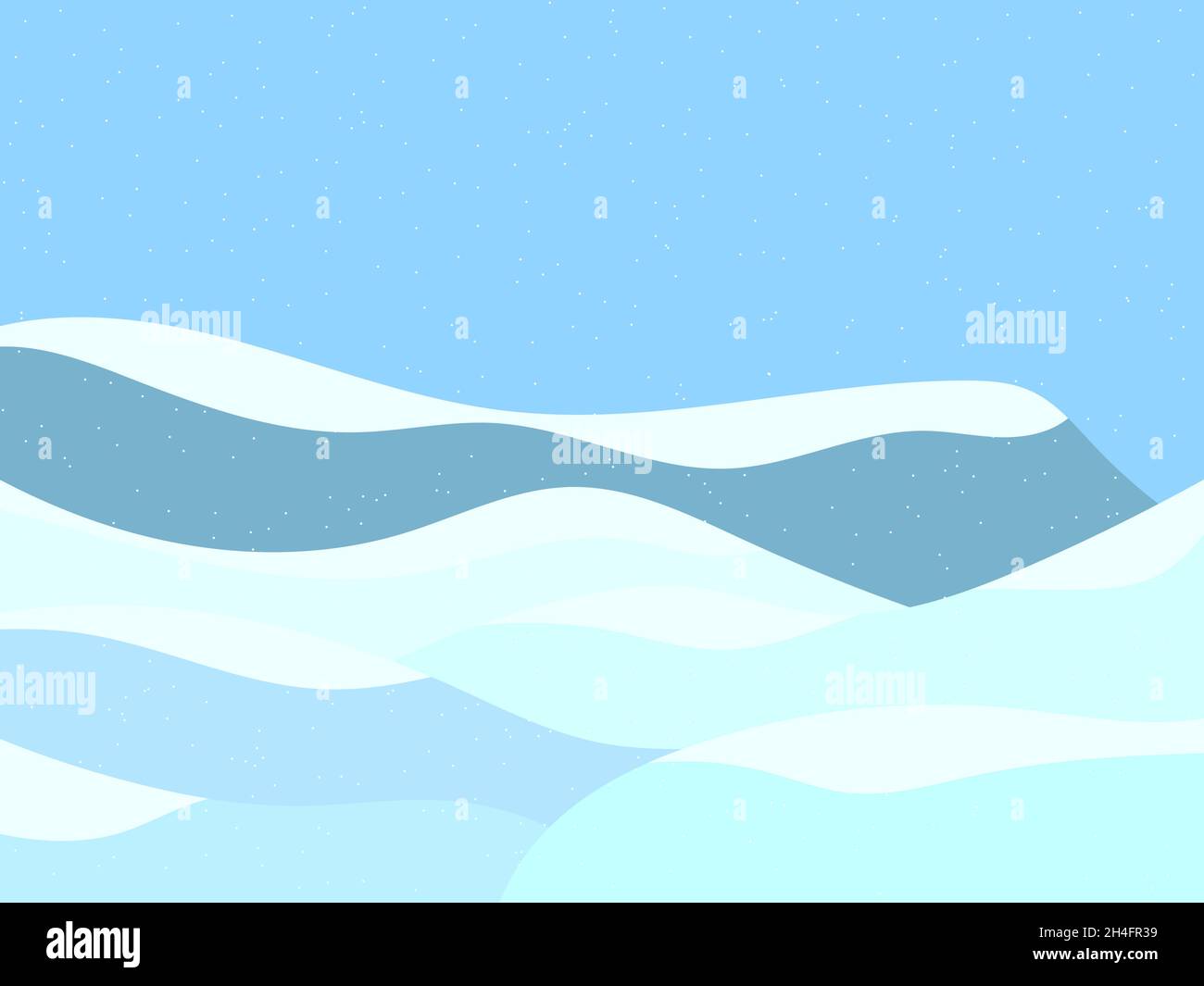 Winterlandschaft mit verschneiten Hügeln. Berglandschaft im flachen Stil, winterliches kaltes Wetter. Blick auf die schneebedeckten Hügel. Design für Drucke und poste Stock Vektor