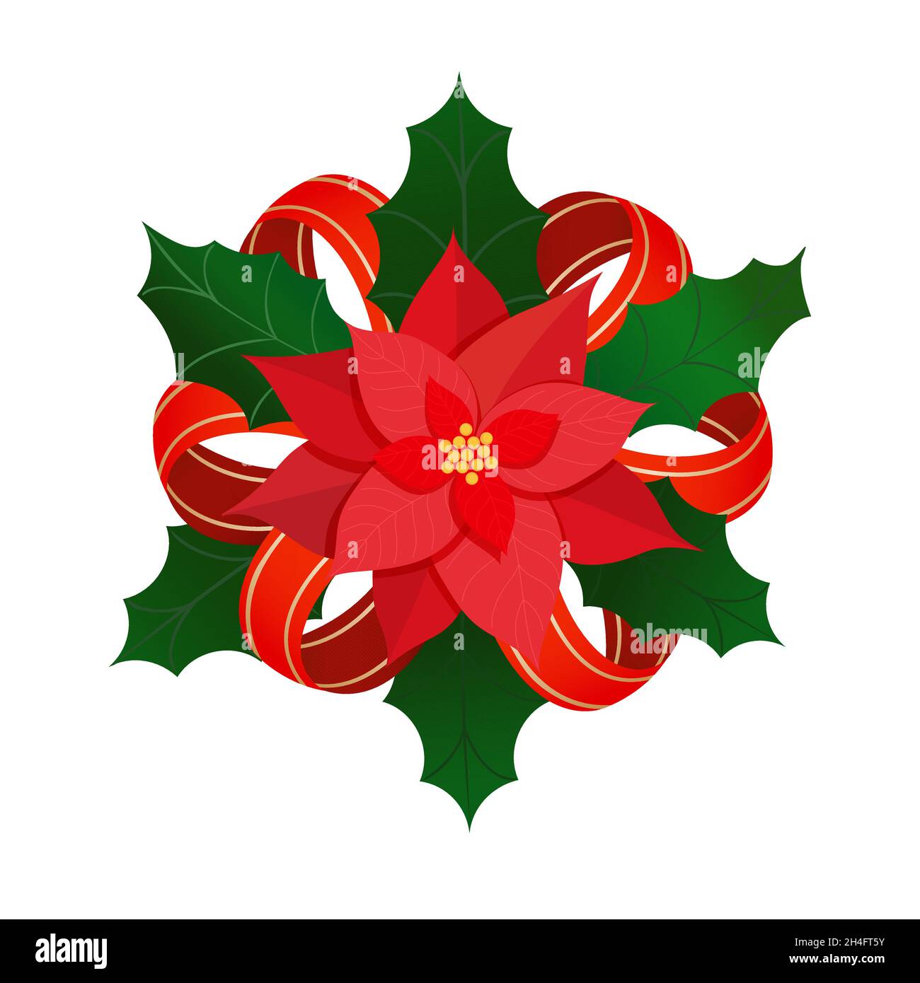 Weihnachtliche Satinschleife Dekoration mit Weihnachtsstern Blume und Stechpalme Blätter. Vektor weihnachten traditionelle Design-Element auf weißem Hintergrund isoliert. Stock Vektor