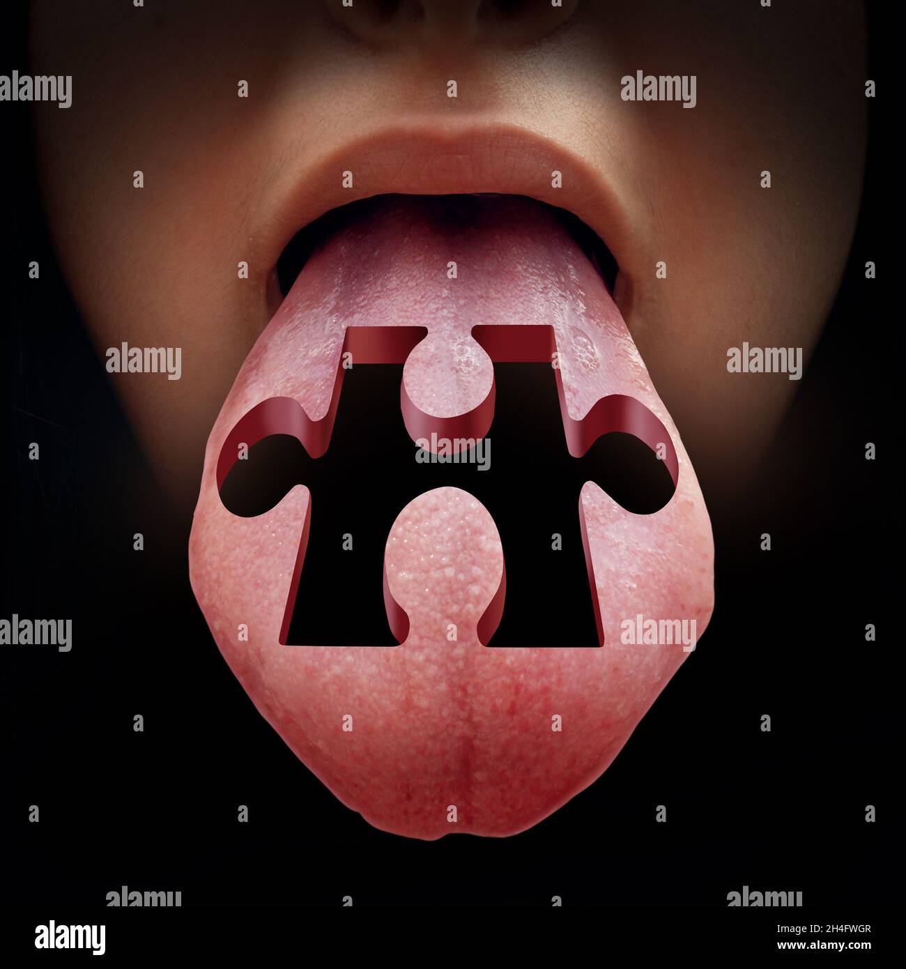 Geschmacksverlust medizinisches Konzept auf der Zunge als Dysgeusie oder Anorexie oder Bulimie und Essstörung oder Ernährungssymbol als Erkrankung. Stockfoto