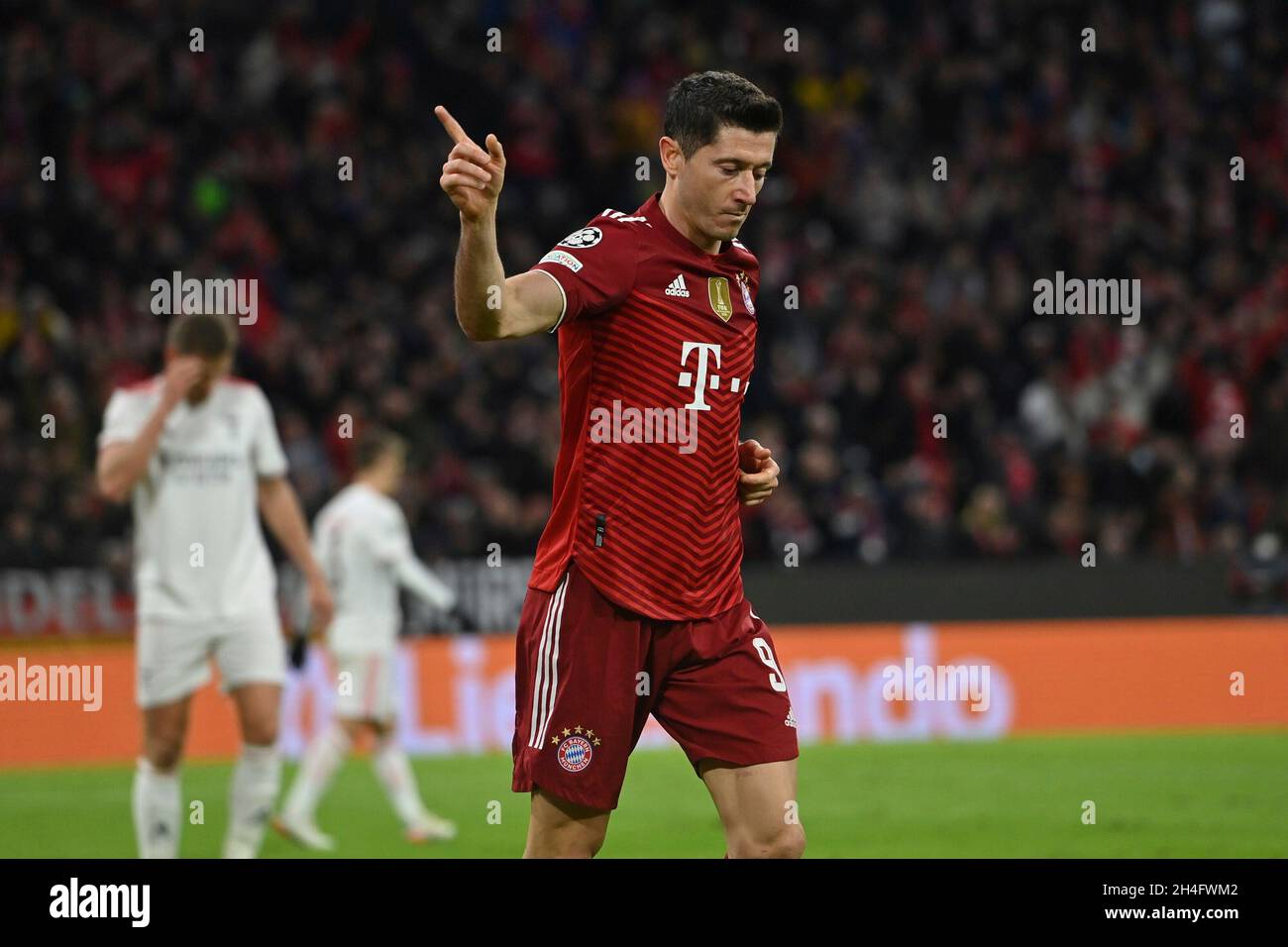 München, Deutschland. 02. Nov, 2021. Goaljubel Robert LEWANDOWSKI (FC Bayern München), nach Tor 1:0, Jubel, Freude, Begeisterung, Action. Soccer Champions League Gruppe E/FC Bayern München - SL Benfica Lisbon München am 02.11.2021 Â Credit: dpa/Alamy Live News Stockfoto