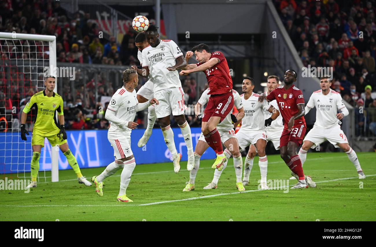 München, Deutschland. November 2021. Fußball: Champions League, FC Bayern München - Benfica Lissabon, Gruppenphase, Gruppe E, Matchday 4, in der Allianz Arena. Der Lissabonner Soualiho Meite (oben) und der Münchner Robert Lewandowski (M-r) kämpfen um den Ball. Quelle: Sven Hoppe/dpa/Alamy Live News Stockfoto