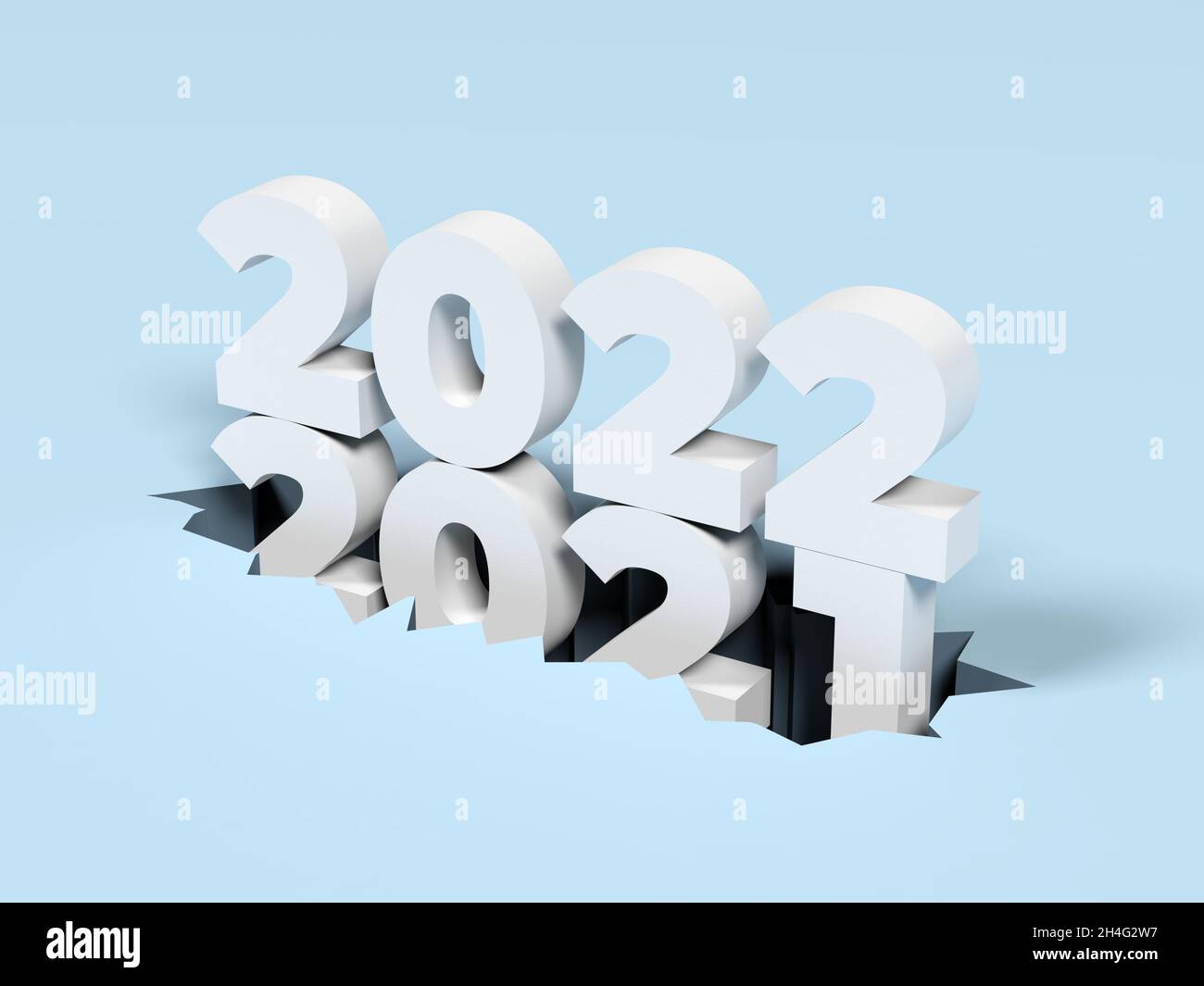 Neujahr und altes Jahr. Hellblauer Hintergrund. Krisenkonzept. 2022 und 2021. Stockfoto