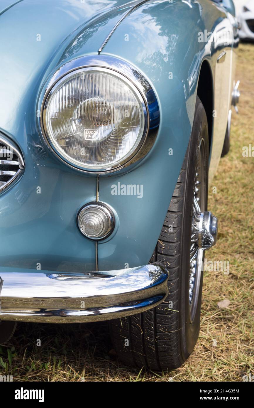 Nahaufnahme des vorderen linken Scheinwerfers und des Flügels eines silberblauen Austin-Healey 100-6 British 1950er Open Top-Sportwagens Stockfoto