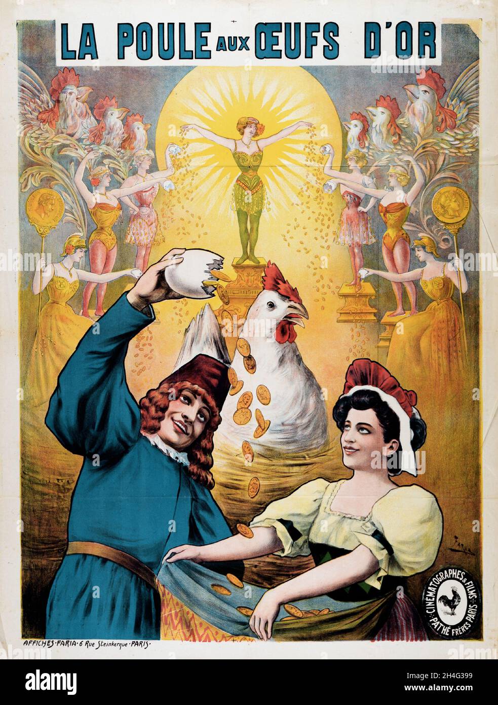 Französisches Plakat - La Poule aux oeufs d'Or (FR, Gabriel Moreau, Gaston Velle, 1905, Path Freres) Französischer Stummfilm. Stockfoto