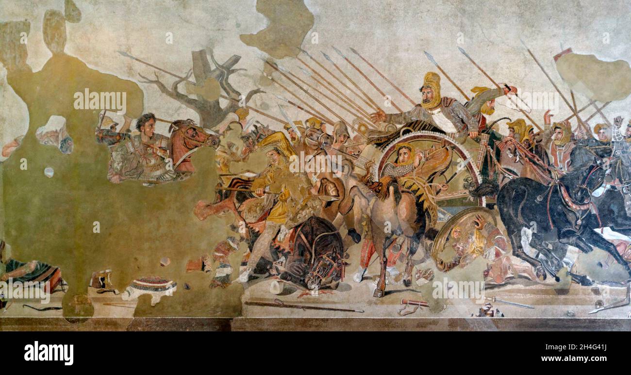 Rekonstruktion einer Mosaikdarstellung der Schlacht von Issus nach einem Gemälde, das von Apelles oder Philoxenus von Eretria im Haus des Faun in Pompeji gefunden werden sollte Stockfoto