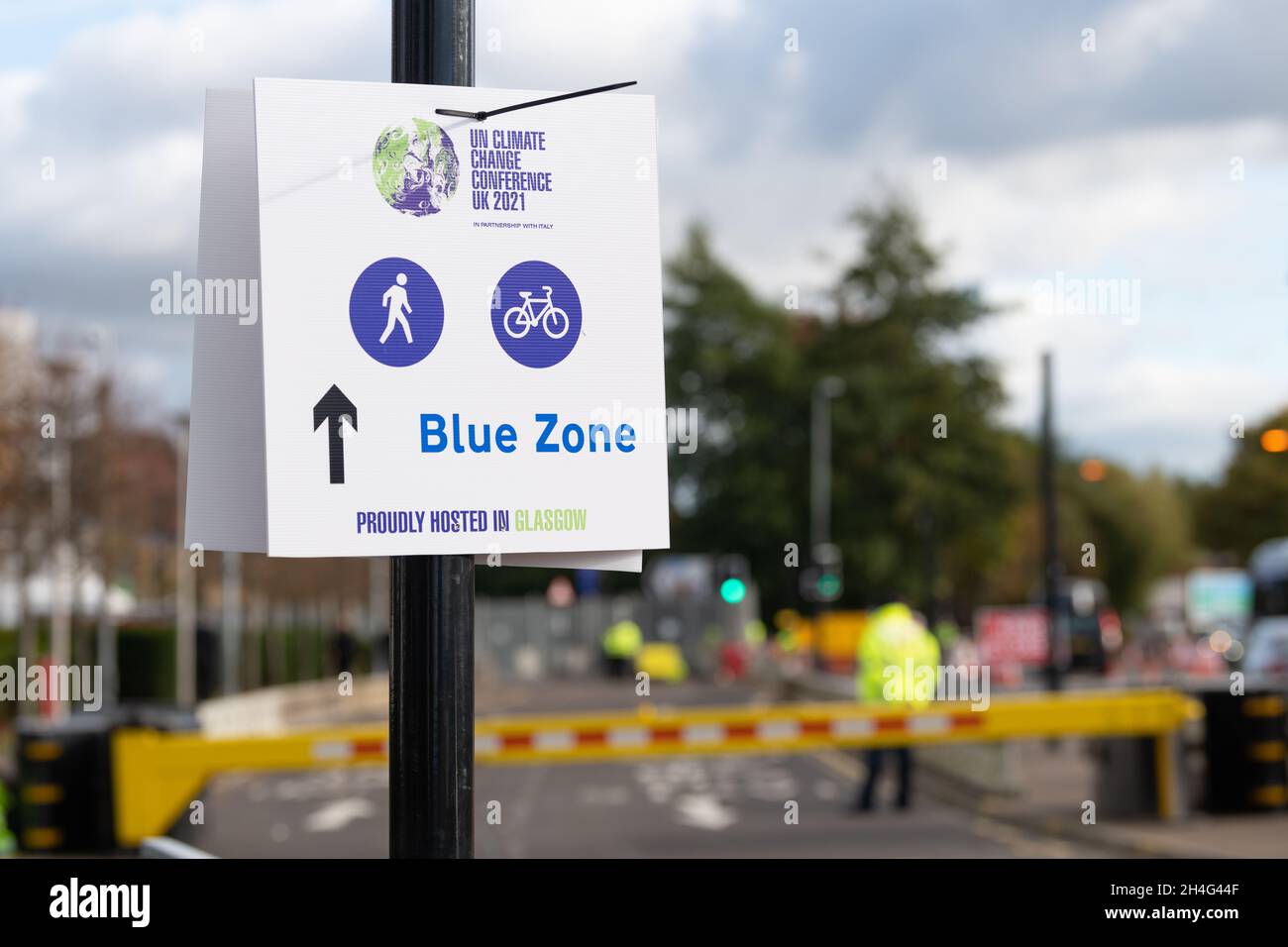 UN-Klimakonferenz COP26 Blue Zone Sign, Glasgow, Schottland, Großbritannien Stockfoto