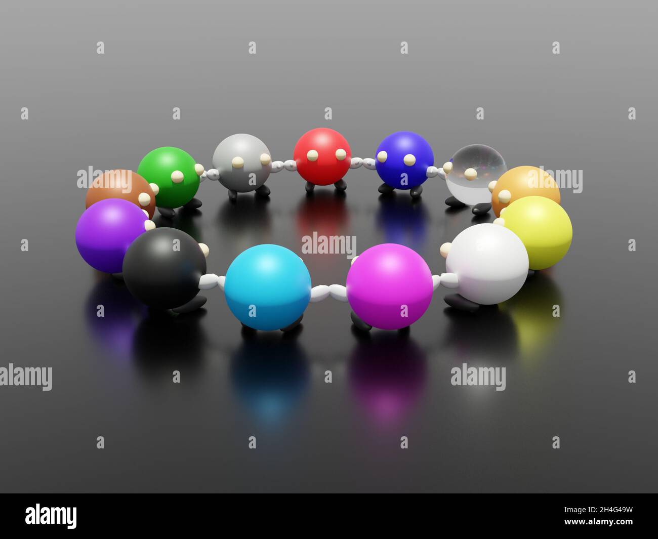 3d-Darstellung einer Gruppe von 13 Personen, die Hände in einem Kreis halten. Sie sind in einem Zimmer mit einem sehr glänzenden, sauberen Boden. Stockfoto