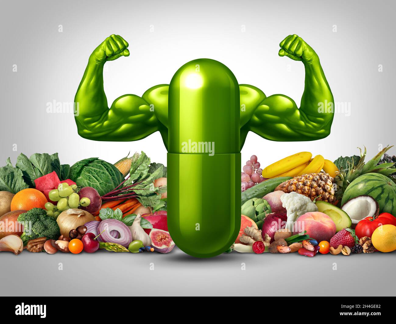Obst- und Gemüsekraftzusatz und natürliche Vitaminernährung oder Nahrungsergänzungsmittel als Kapsel mit starken Armen in einer Nährstoffpille. Stockfoto