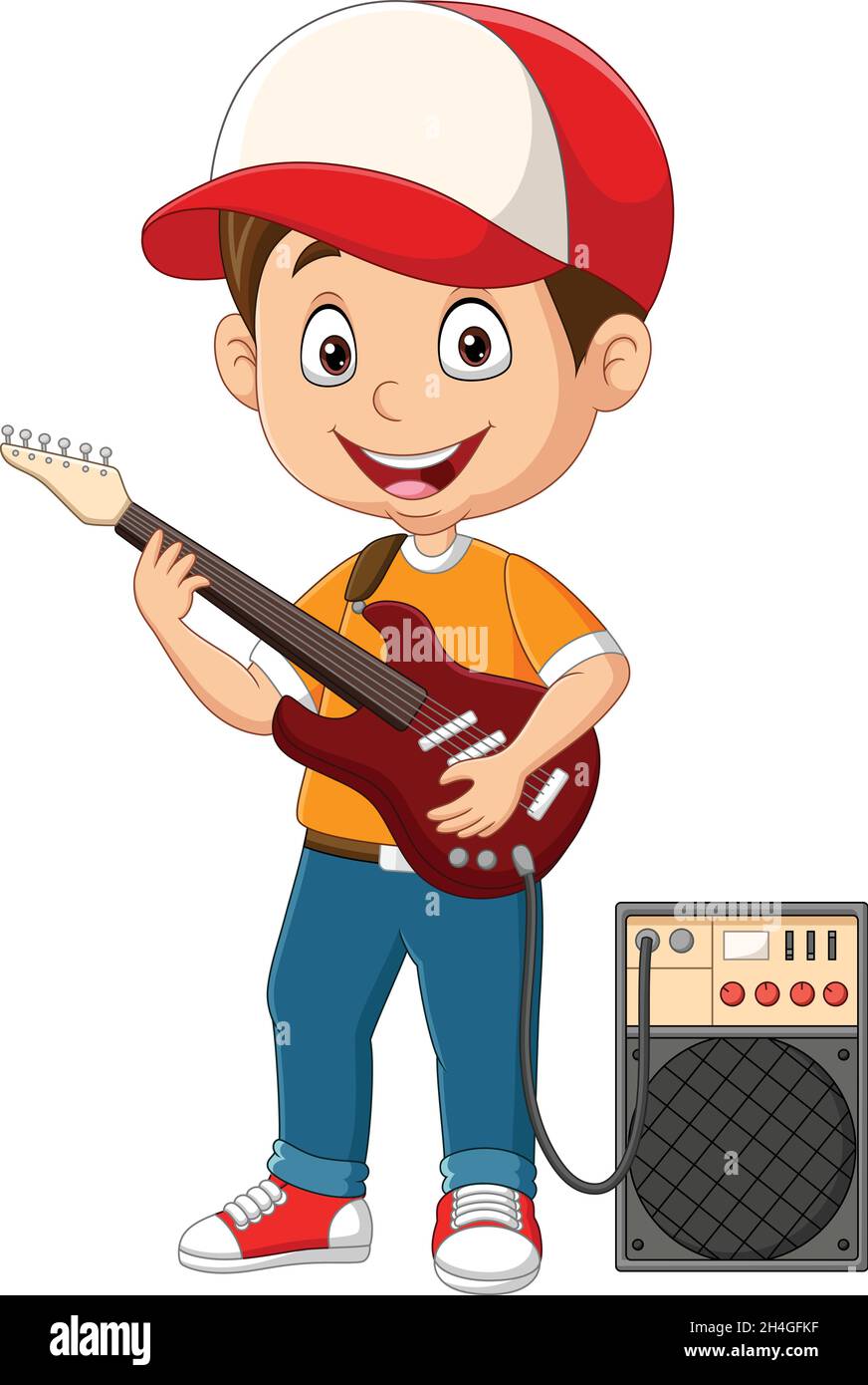 Cartoon kleiner Junge spielt E-Gitarre Stock-Vektorgrafik - Alamy