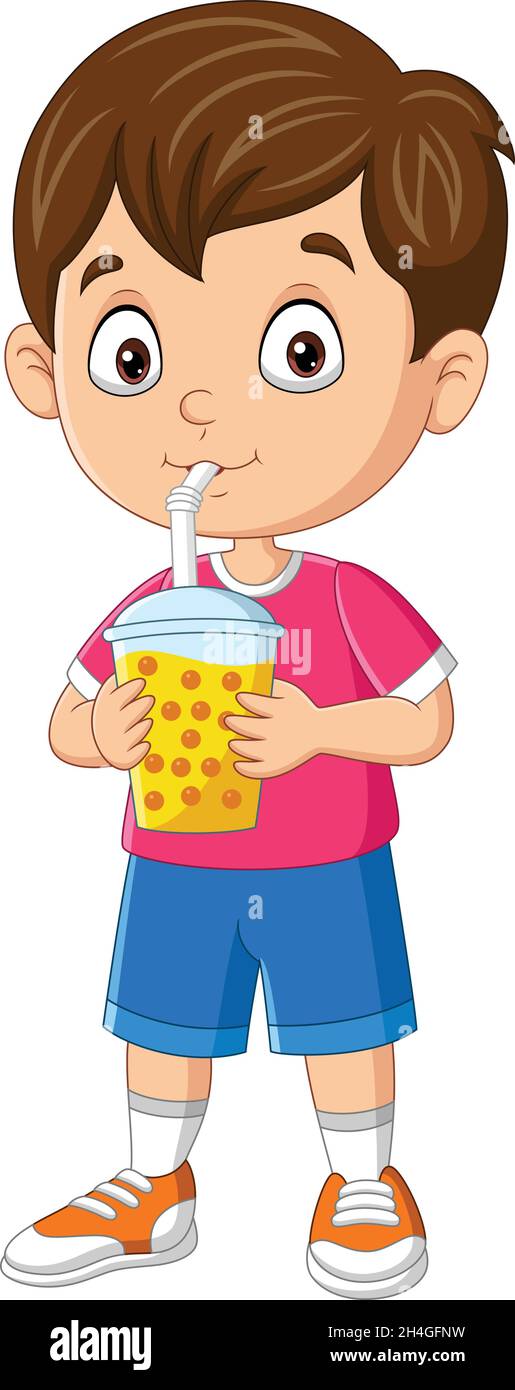 Cartoon kleiner Junge trinken Blase Milch Tee Stock Vektor