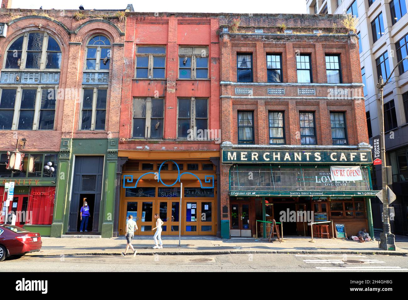 Merchant's Cafe und Saloon eines der ältesten Restaurants auf dem Yesler Way im Herzen des Pioneer Square.Seattle.Washington.USA Stockfoto