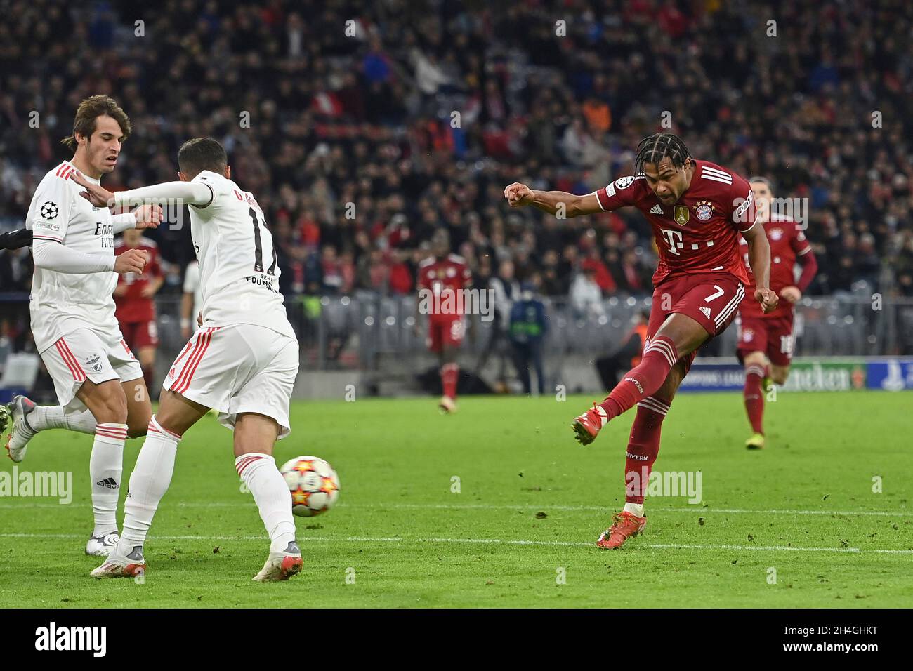 München, Deutschland. 02. Nov, 2021. Goalchance Serge GNABRY (FC Bayern München), Action, Schuss. Soccer Champions League Group E/FC Bayern München - SL Benfica Lisbon 5-2, ALLIANZARENA München am 2. November 2021 Quelle: dpa/Alamy Live News Stockfoto