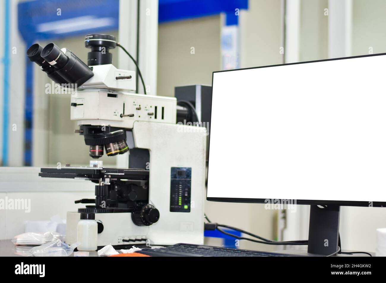 Büro, Monitor, Arbeitsplatz, Bildschirm, Akademie, Analyse, Analyse, Biologie, Biotechnologie, Chemie, Chip-Komponente, Schaltkreis, Reinraum, Nahaufnahme, com Stockfoto