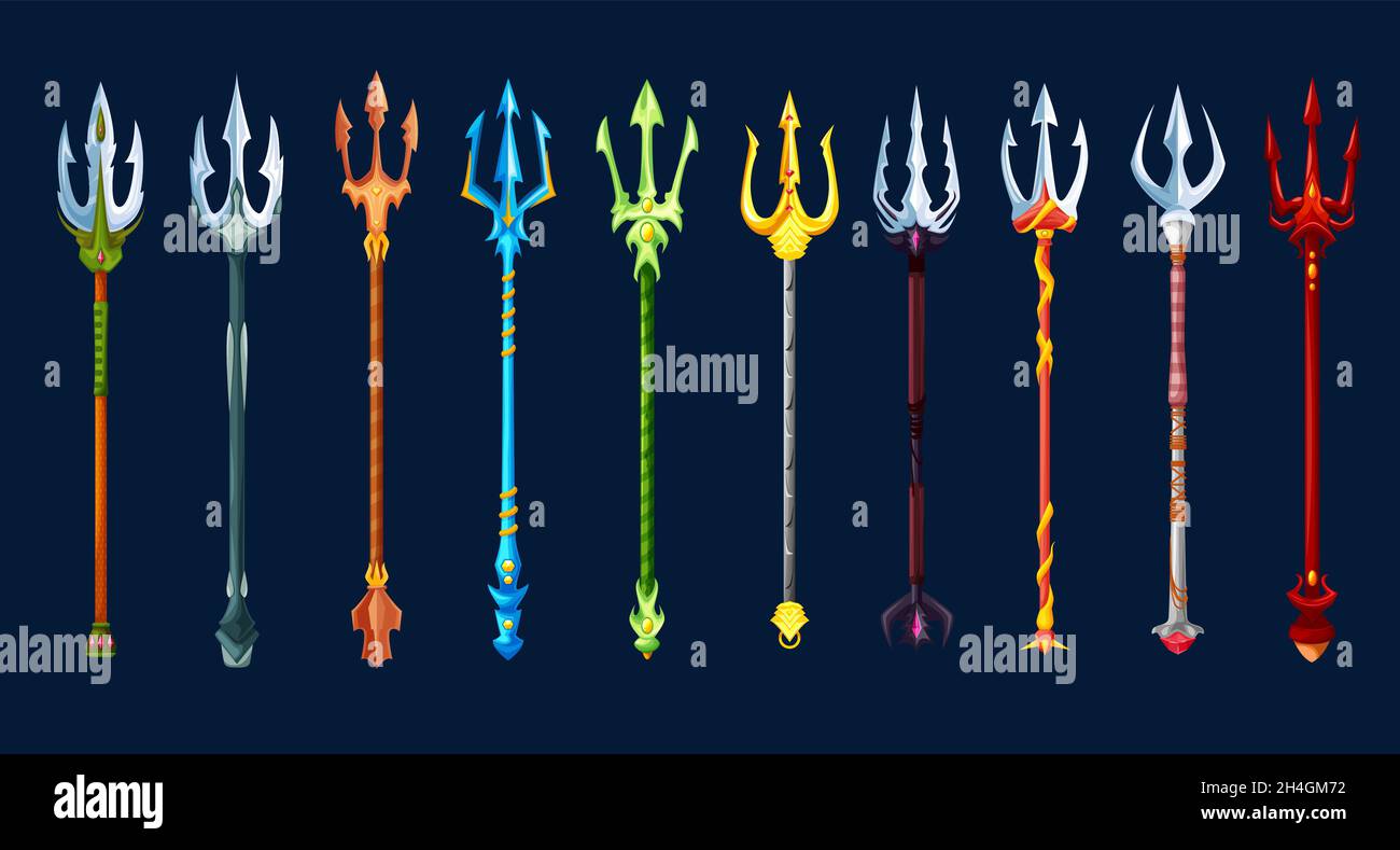 Fantasy Magie tridents Spiel Waffe Asset. Poseidon gott, Gladiator Krieger, Teufel oder Dämon golden, Silber und rot Pitchfork Waffe Cartoon Vektor GUI i Stock Vektor