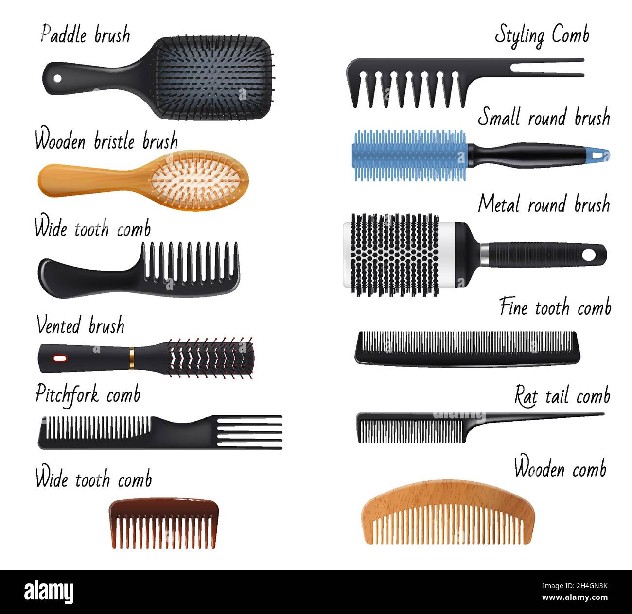 Haarkämme und Haarbürsten, Damenmode und Haarpflege-Vektor-Accessoires. Friseursalon Styling- und Haarbürstwerkzeuge, Holzborsten und Paddel Stock Vektor