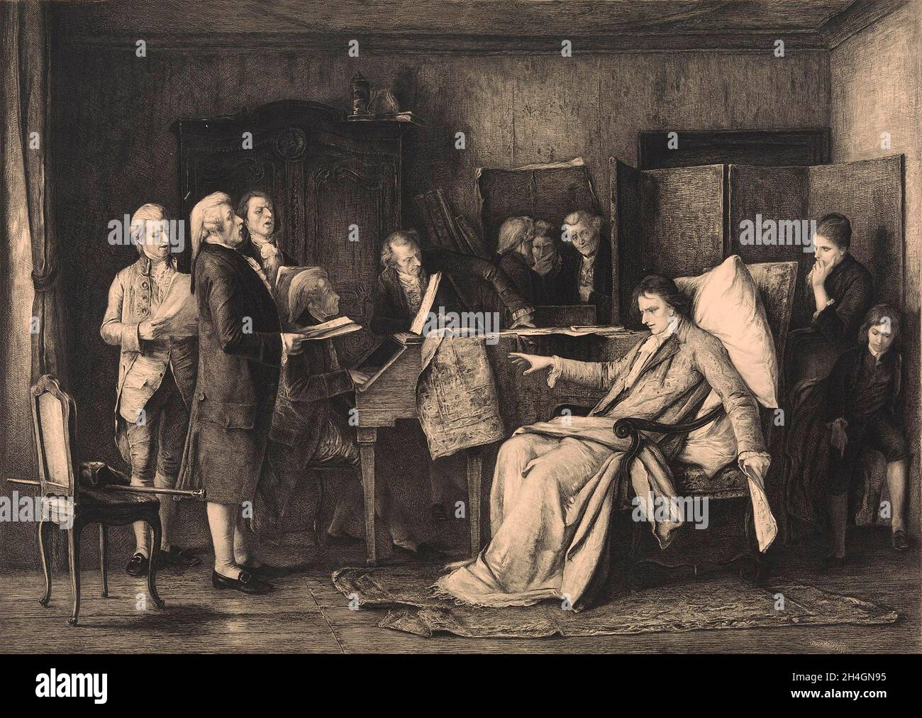 Eine Gravur, die die letzten Momente des Lebens Mozarts darstellt Stockfoto