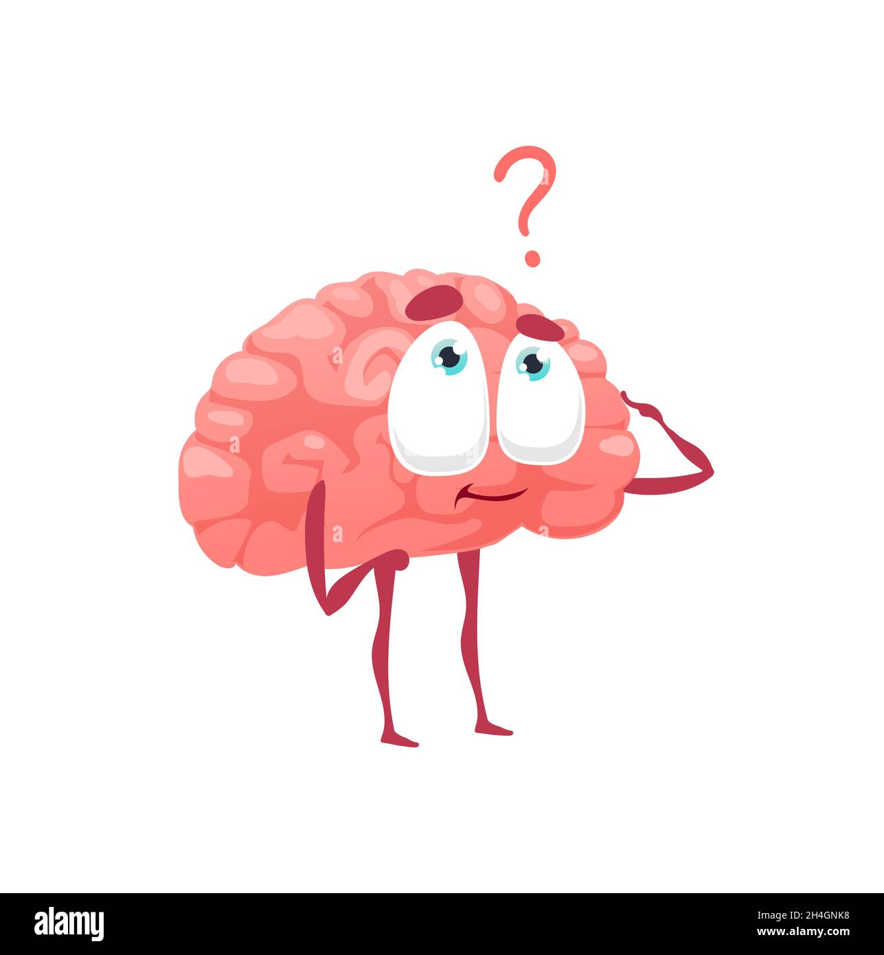 Verwirrt lustige Gehirn denken unter Frage stellen Zeichen isoliert flache Cartoon-Figur. Vector hinterfragte Geist Emoticon Suche Antwort oder Problem Stock Vektor