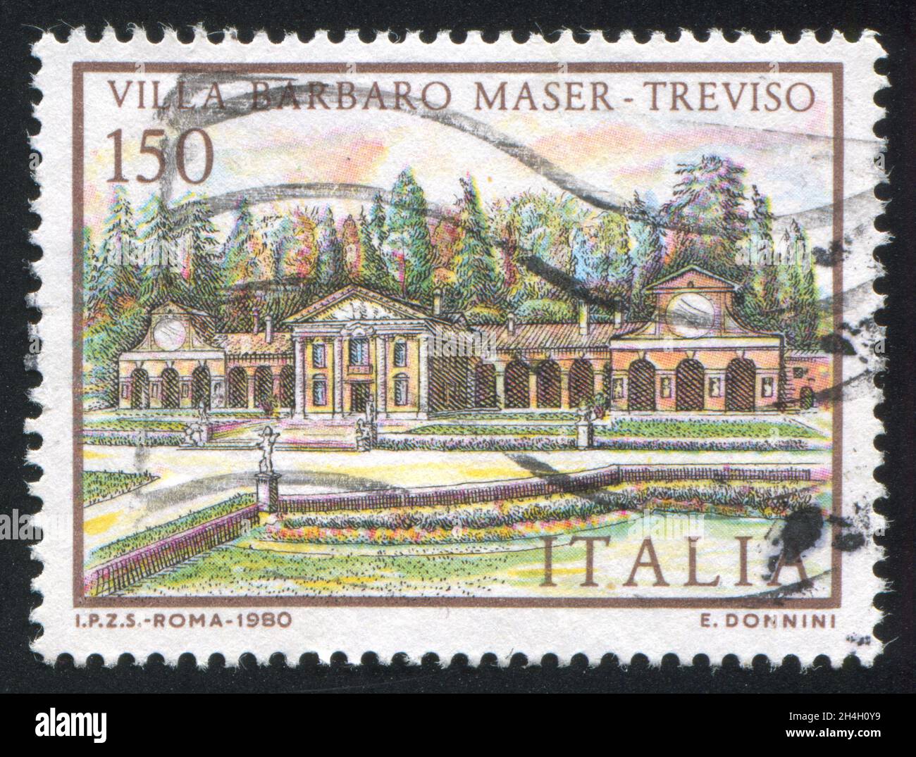 ITALIEN - UM 1980: Briefmarke gedruckt von Italien, zeigt Villa Barbaro Maser in Treviso, um 1980 Stockfoto