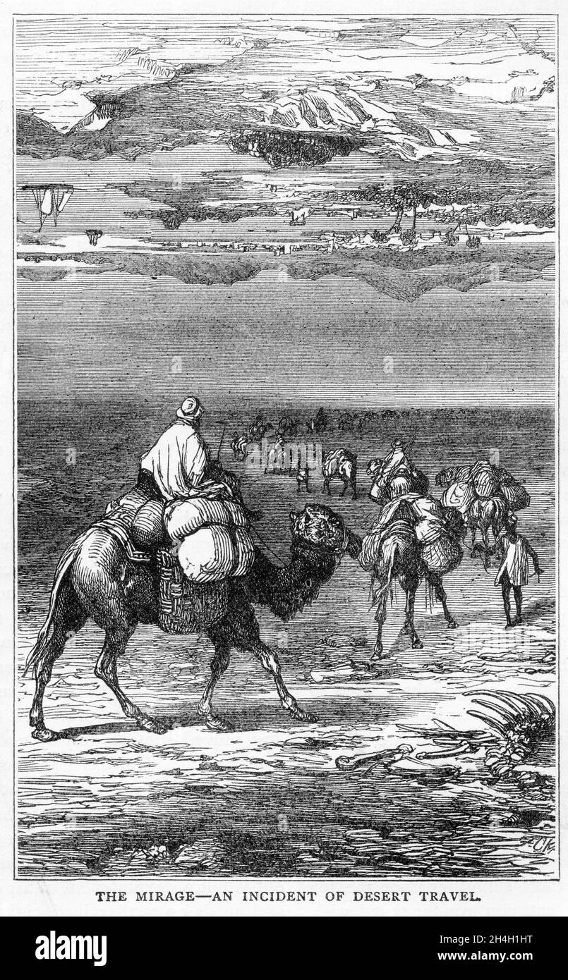 Gravur von Menschen in einem Kamelzug, die eine Fata Morgana in der Wüste sehen, aus einer Publikation um 1900 Stockfoto