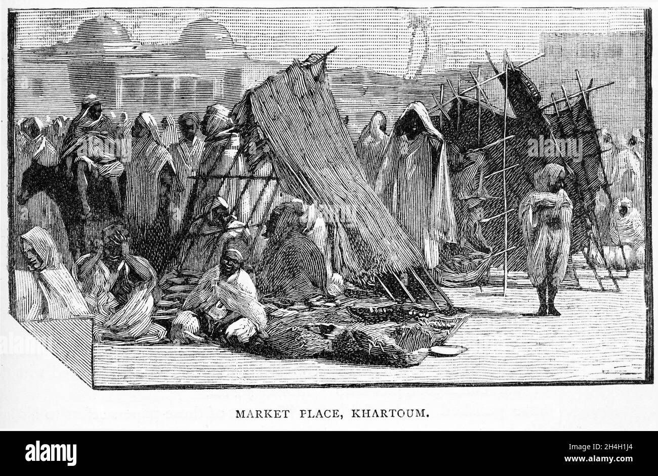 Stich des Marktplatzes in Khartum während der Belagerungszeit mit Generalmajor Charles George Gordon (1833 –1885), aus einer Publikation um 1890 Stockfoto