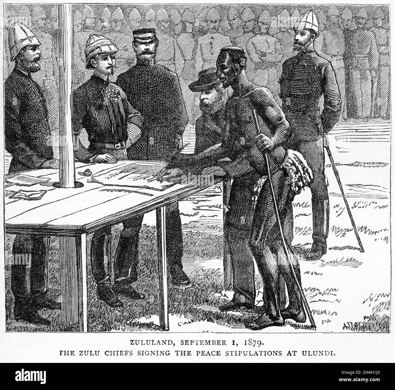 Gravur der Zulu-Häupter, die den Friedensvertrag in Ulundi, Zuzuland, unterzeichneten, 1. September 1879 Stockfoto Gravur der Zulu-Häupter, die den Friedensvertrag in Ulundi, Zuzuland, unterzeichneten, 1. September 1879 Stockfoto